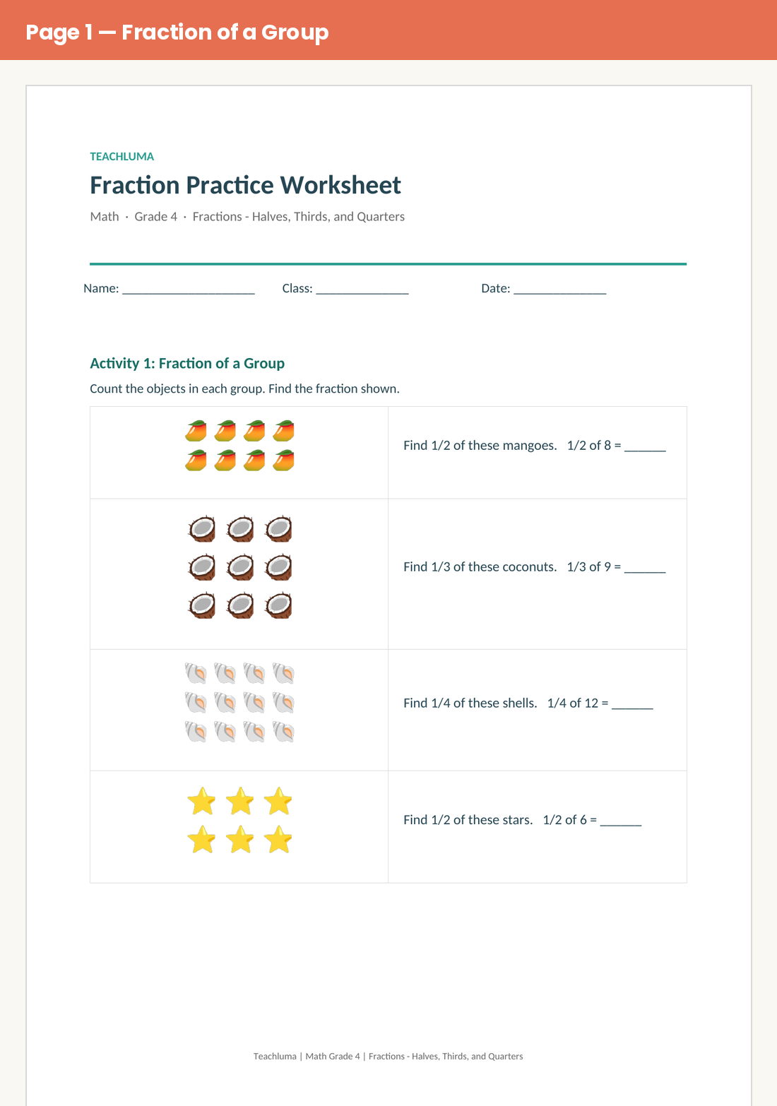 Grade 4 Fraction Practice Worksheet: Fractions of a Group
