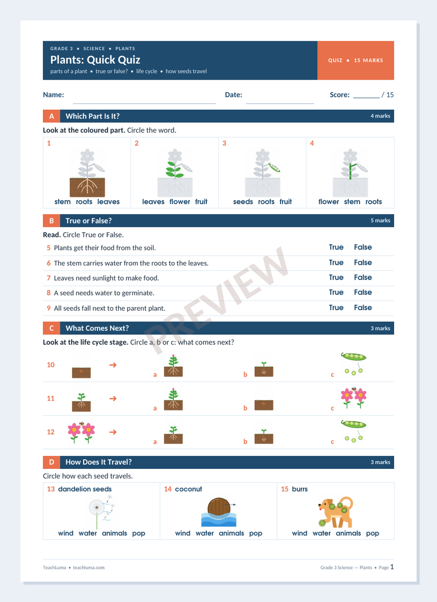 Preview of Grade 3 Science Quiz: Plants (15 Marks)