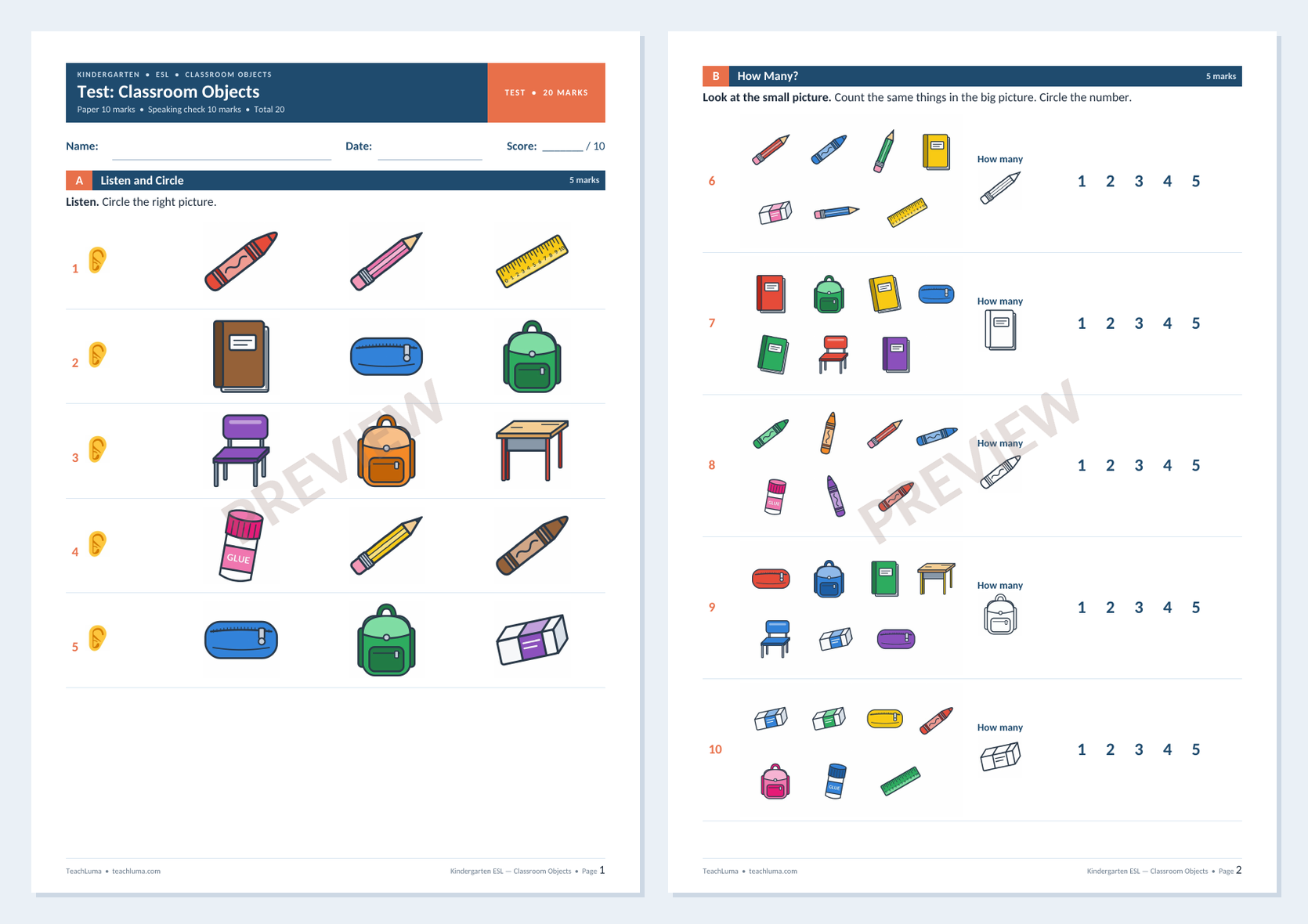 Preview of Kindergarten ESL Test: Classroom Objects — Paper and Speaking Check (20 Marks)