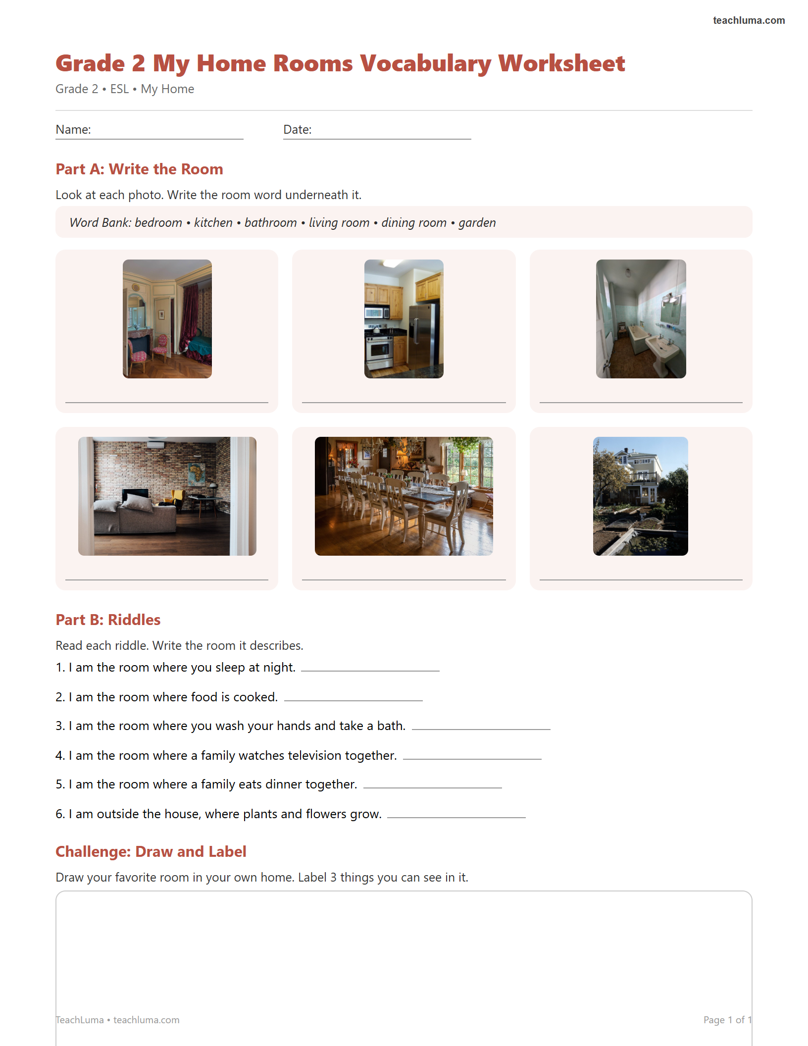Preview of Grade 2 My Home Rooms Vocabulary Worksheet