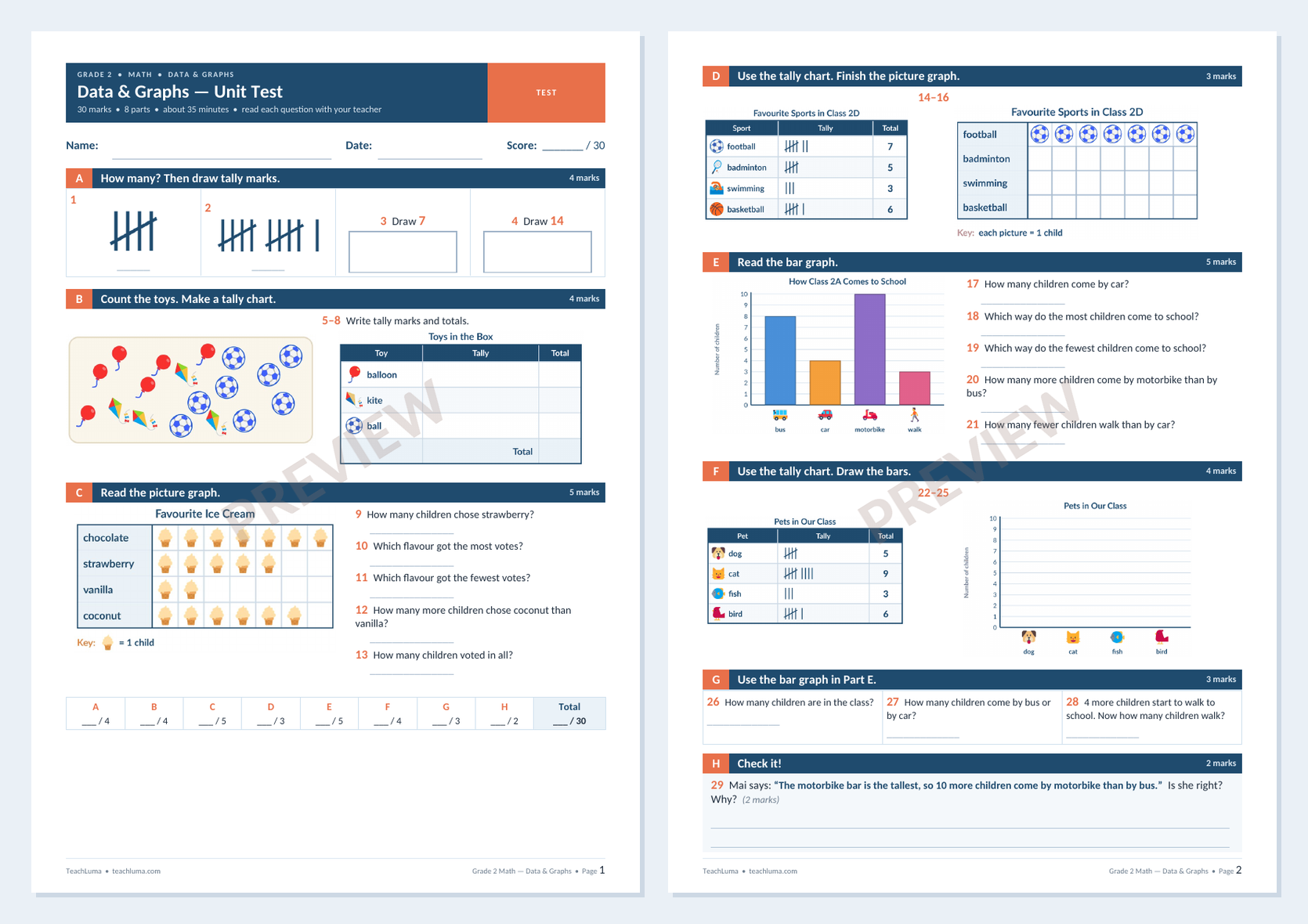 Preview of Grade 2 Math Unit Test: Data & Graphs (30 Marks)