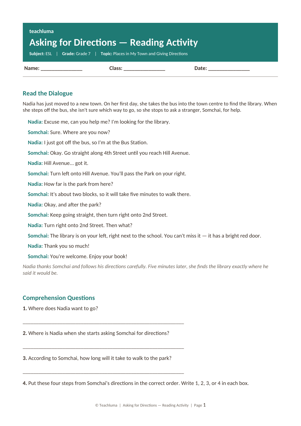 Grade 7 ESL Reading Activity: Asking for Directions