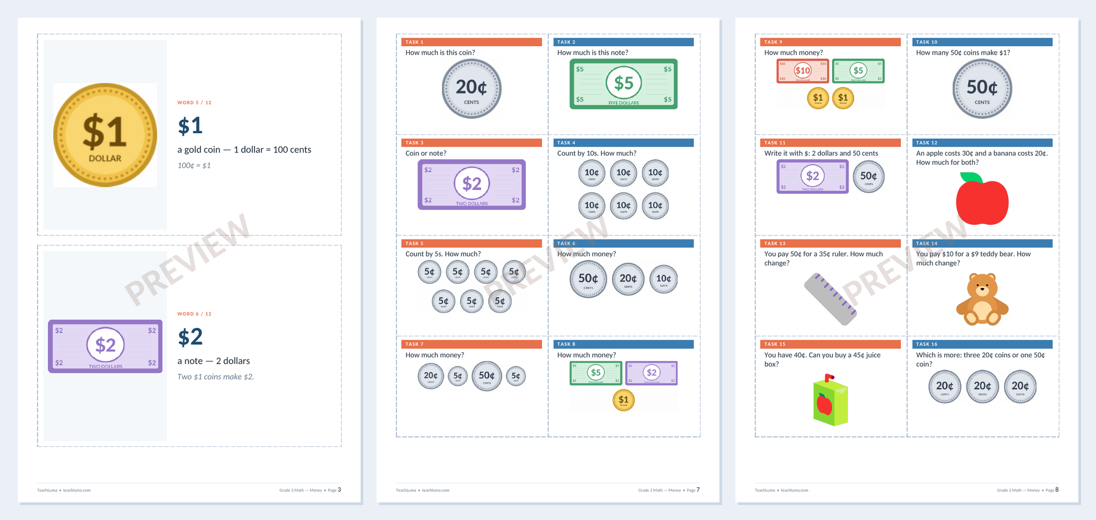 Preview of Grade 2 Math Flashcards and Task Cards: Money