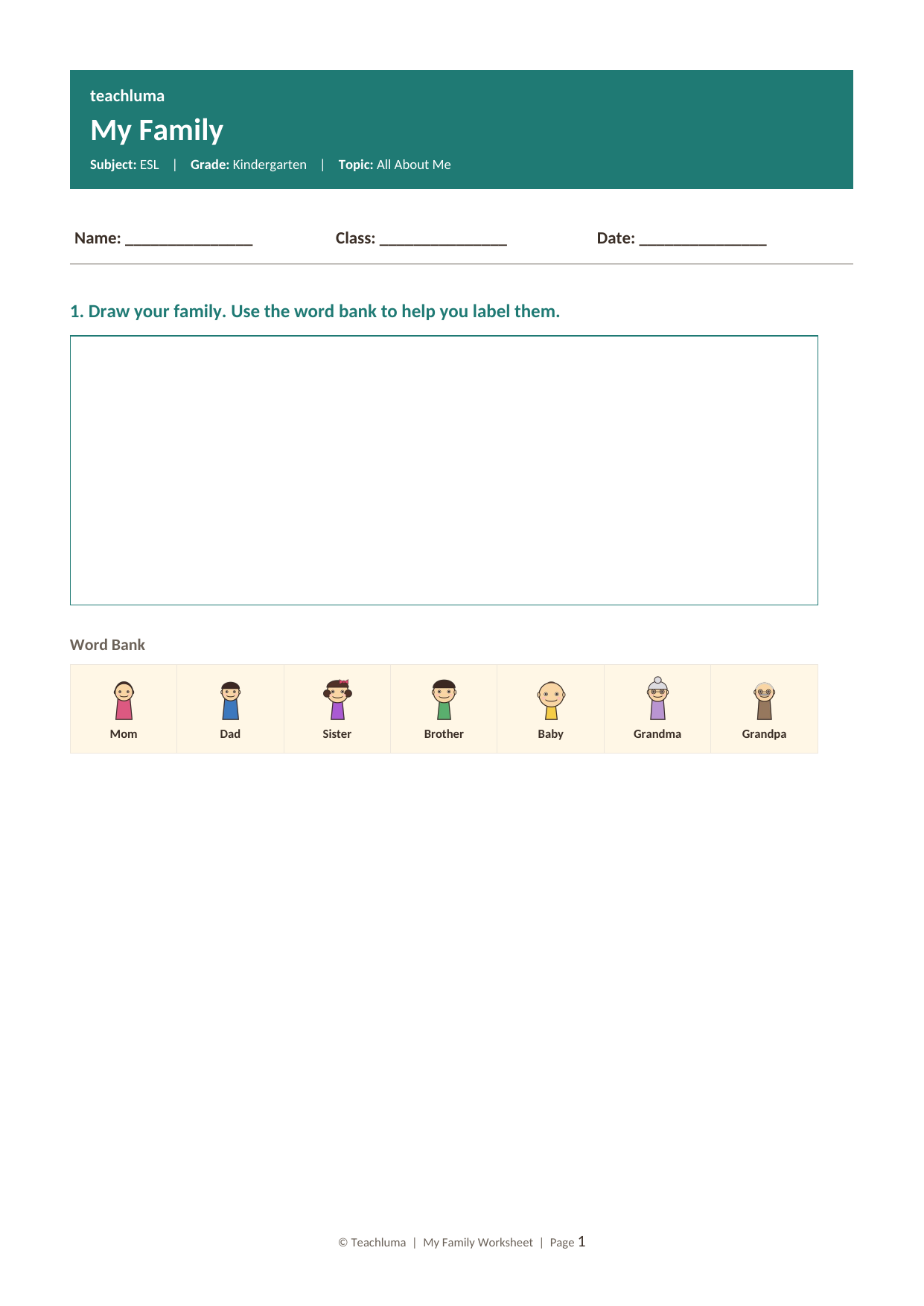 Kindergarten ESL Worksheet: My Family (Draw, Label and Match)