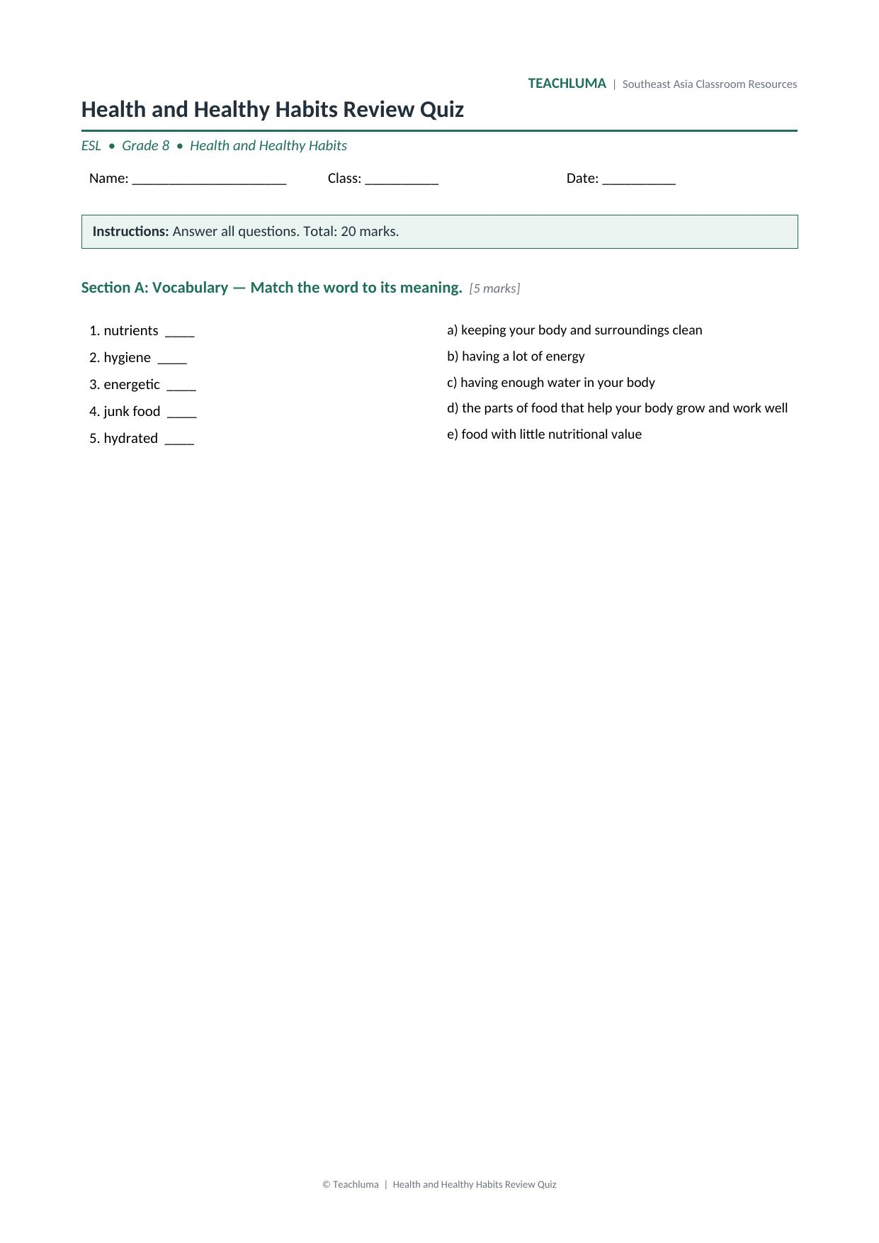 Health and Healthy Habits Review Quiz