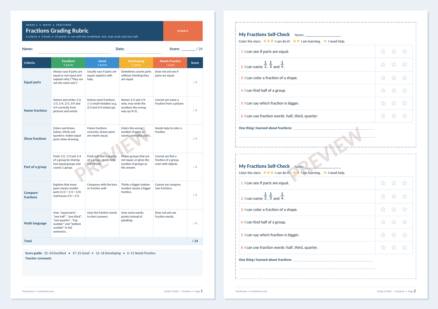 Preview of Grade 2 Math Grading Rubric: Fractions + Student Self-Check