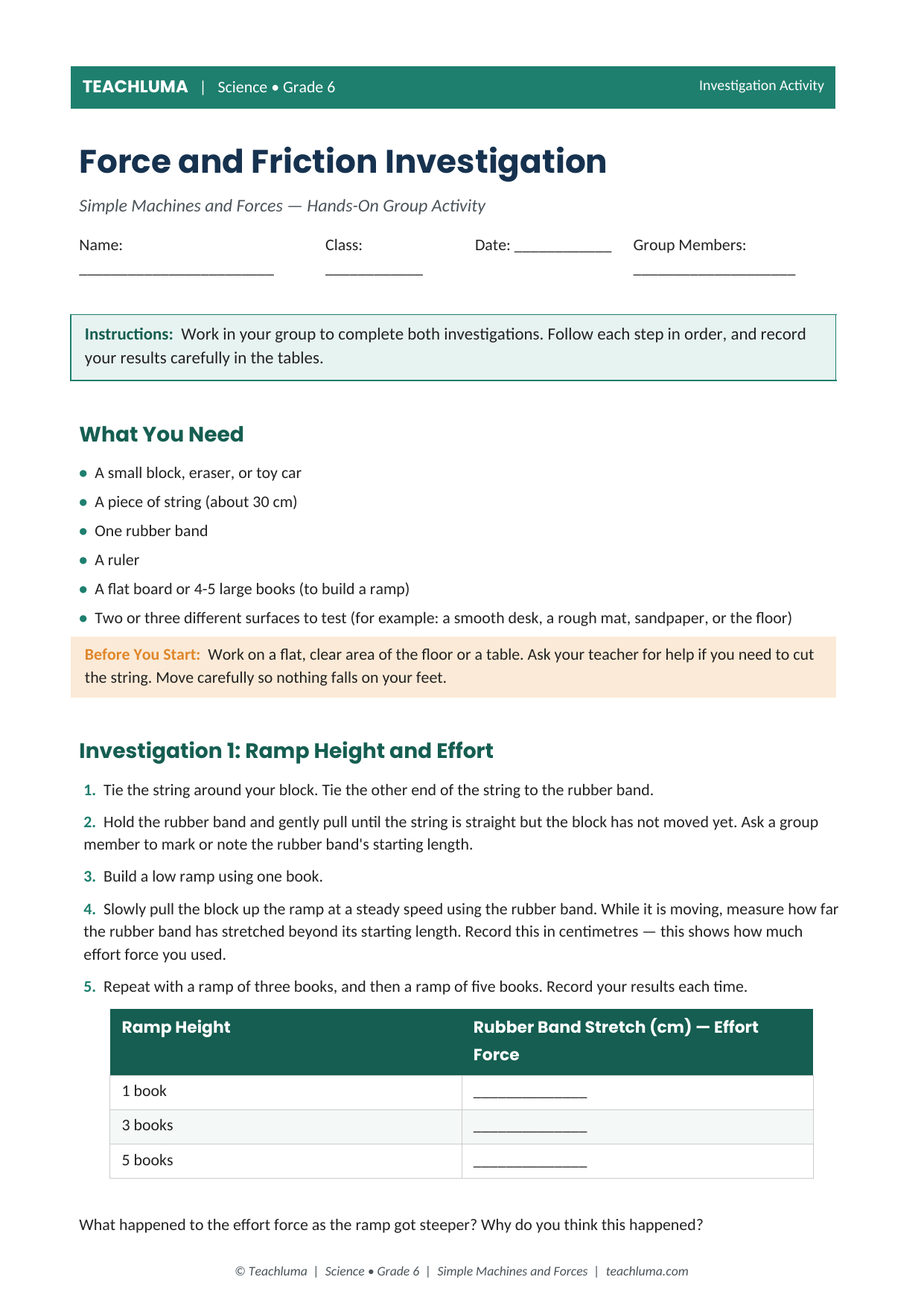 Grade 6 Force and Friction Investigation Activity