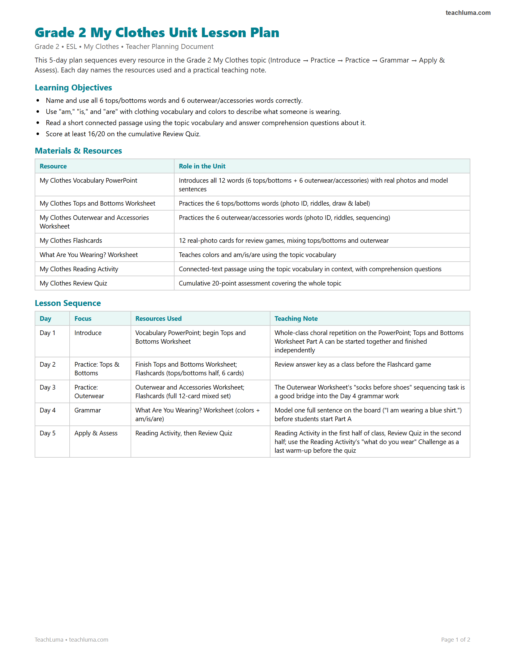 Preview of Grade 2 My Clothes Unit Lesson Plan