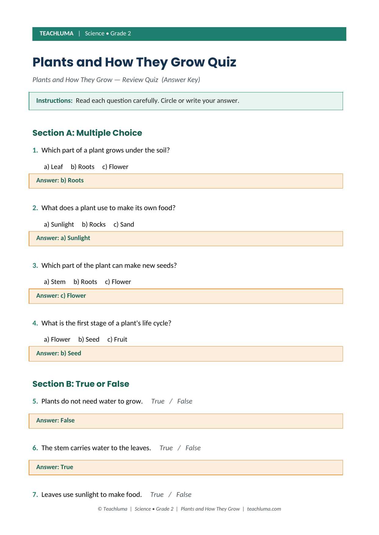 Grade 2 Plants and How They Grow Review Quiz