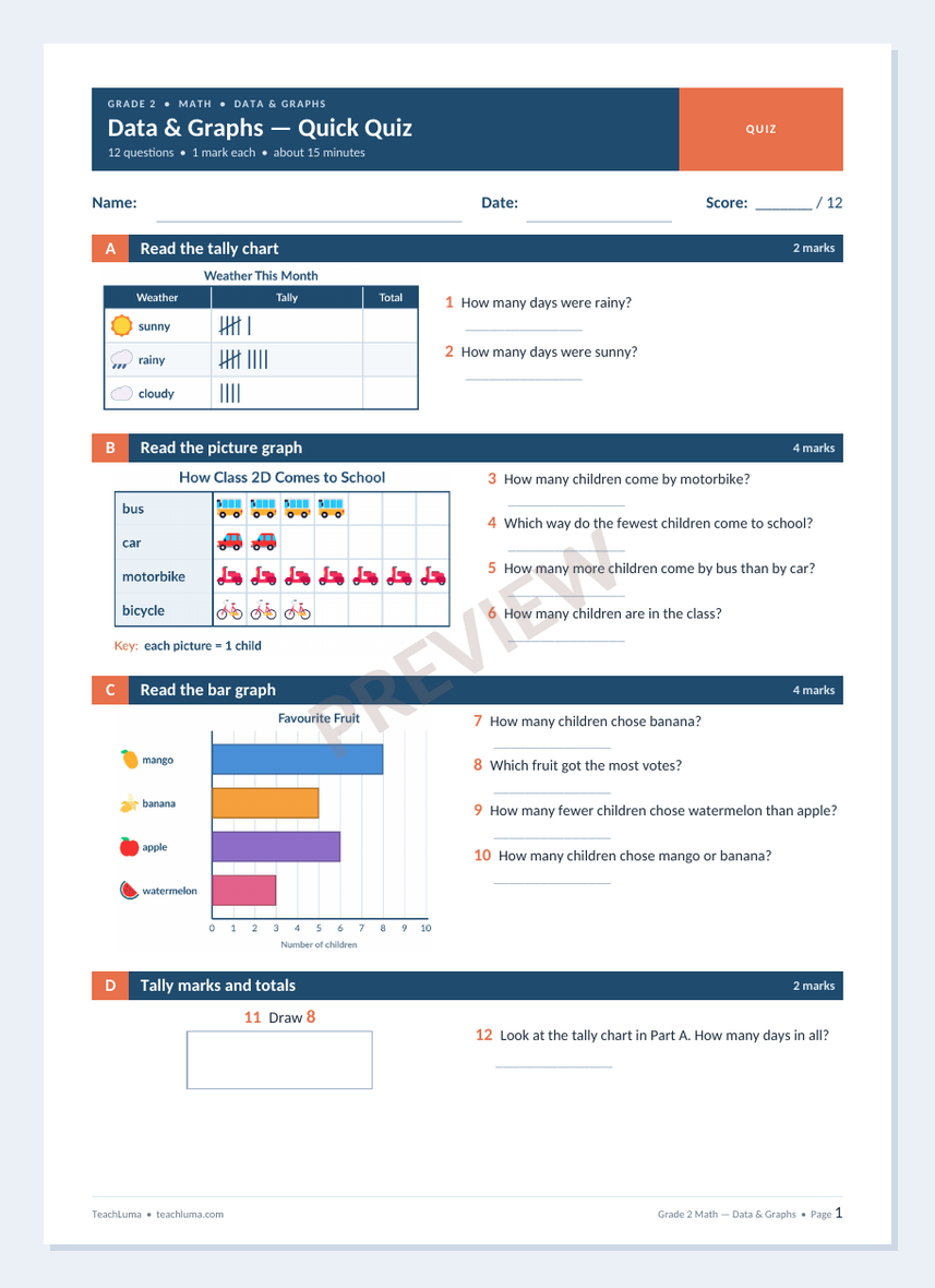 Preview of Grade 2 Math Quick Quiz: Data & Graphs (12 Marks)