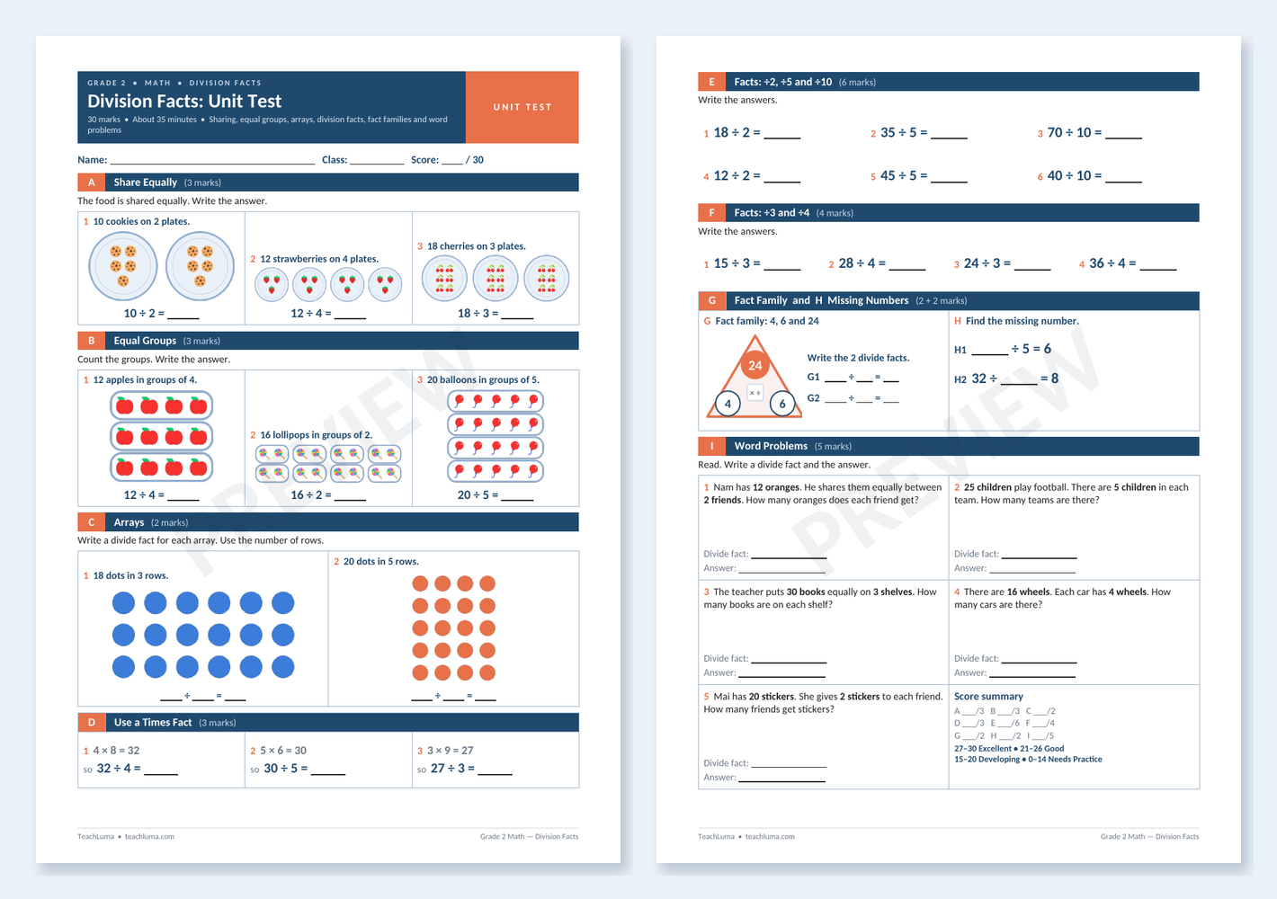 Preview of Grade 2 Math Unit Test: Division Facts (30 Marks)