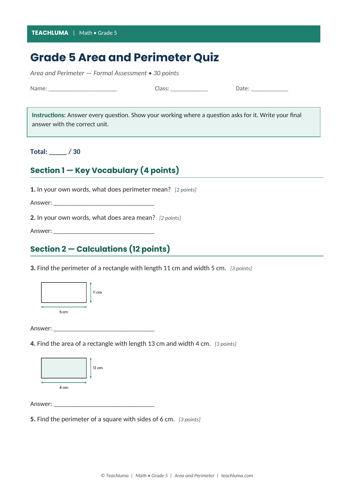 Grade 5 Area and Perimeter Quiz