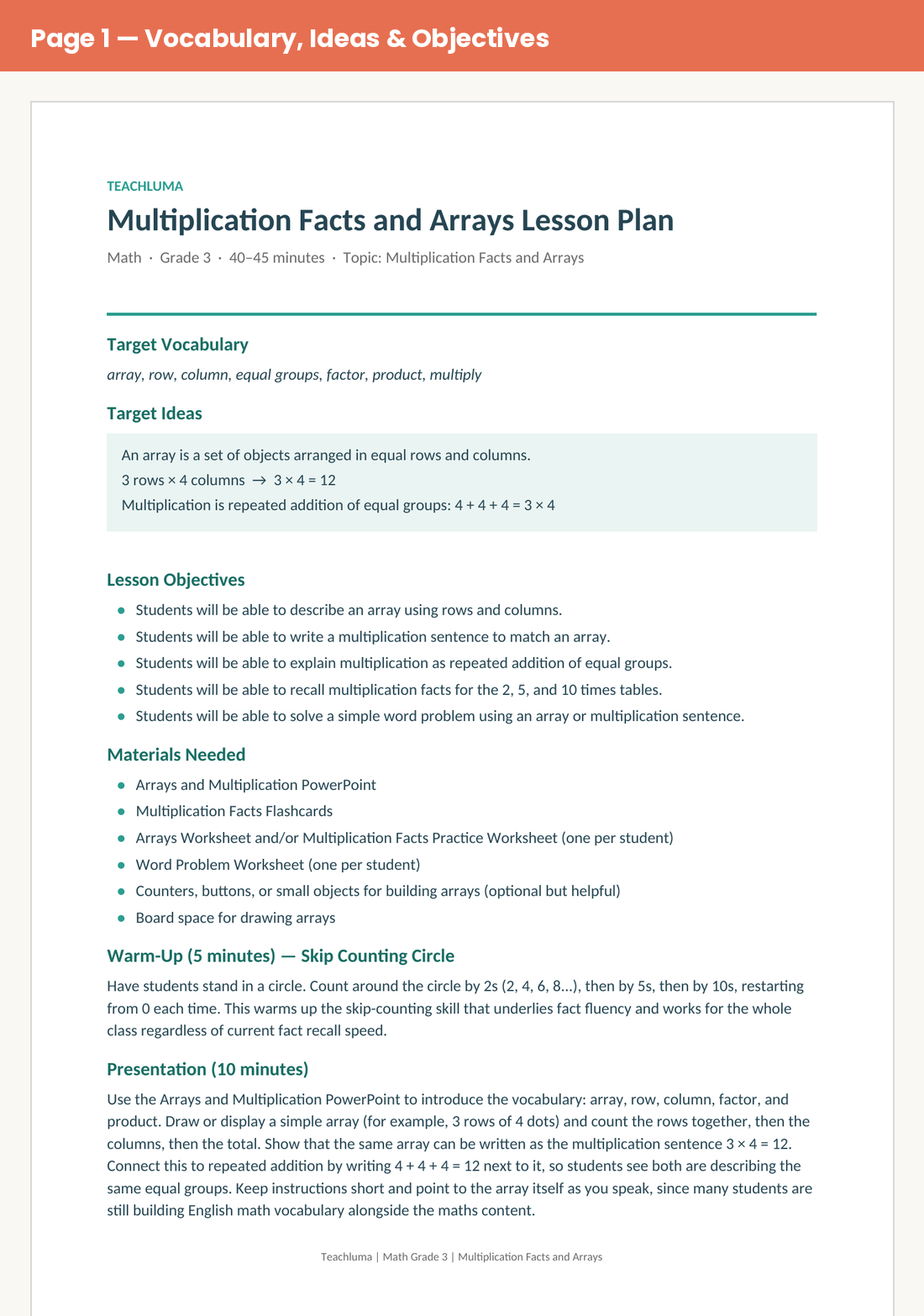 Grade 3 Multiplication Facts and Arrays Lesson Plan