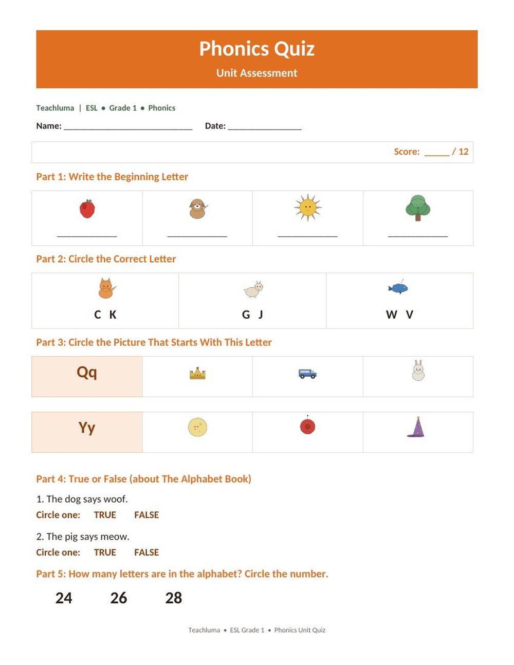 Phonics — Unit Quiz / Assessment