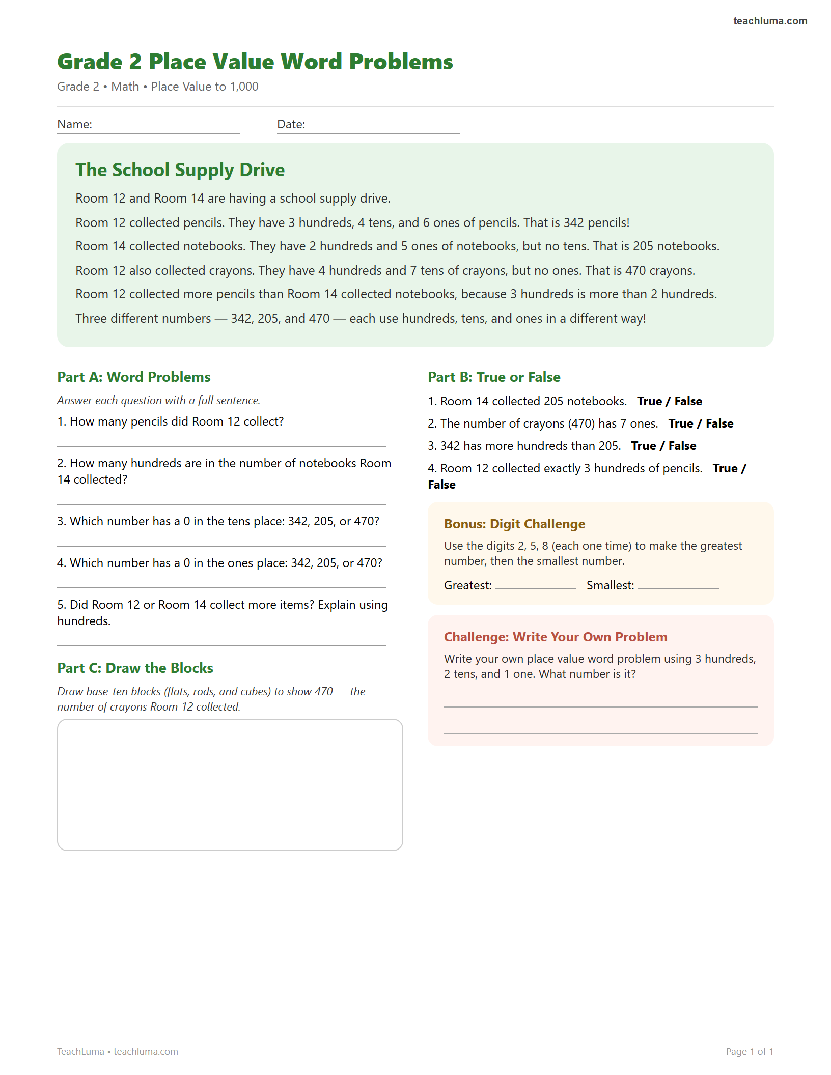 Preview of Grade 2 Place Value Word Problems