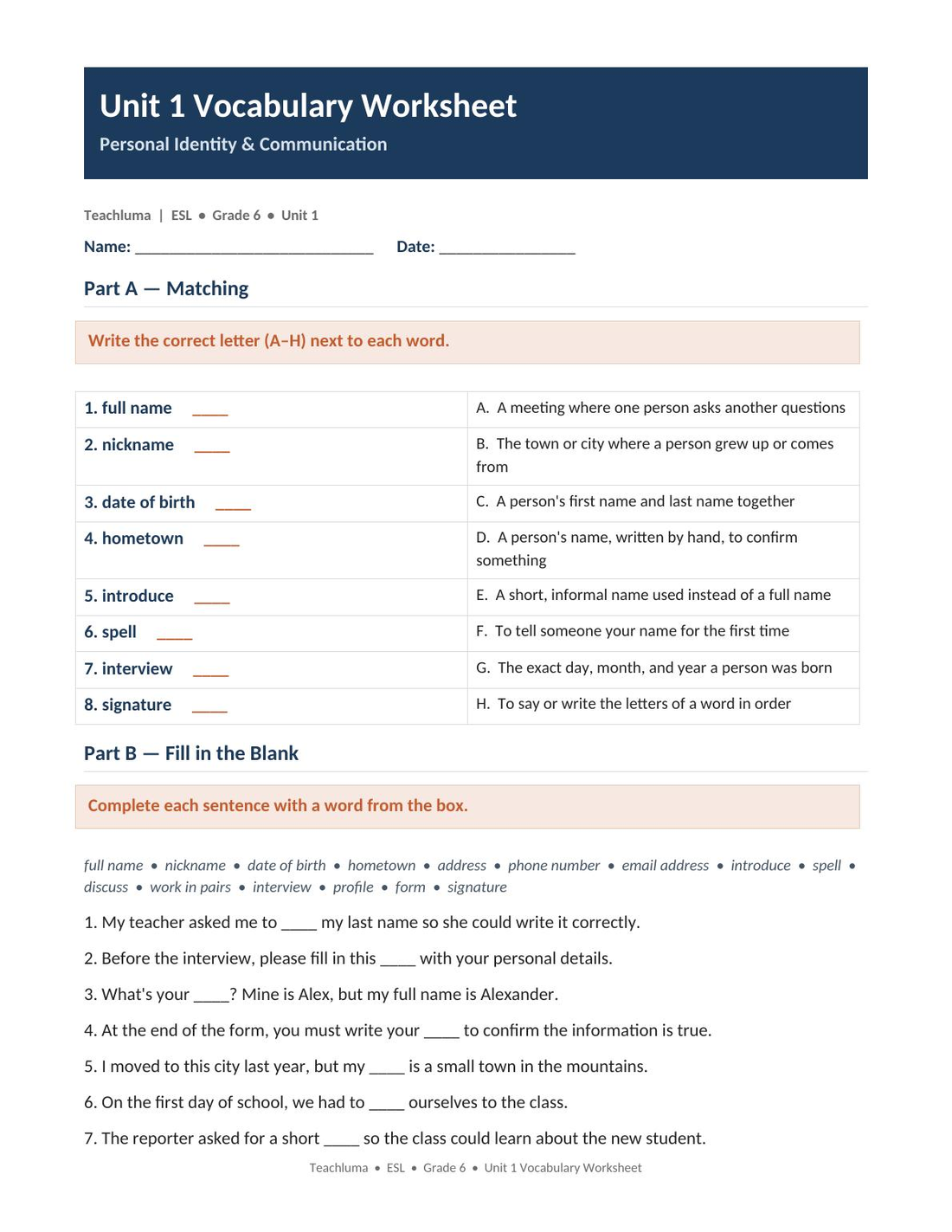 Unit 1 Vocabulary Worksheet — Personal Identity & Communication