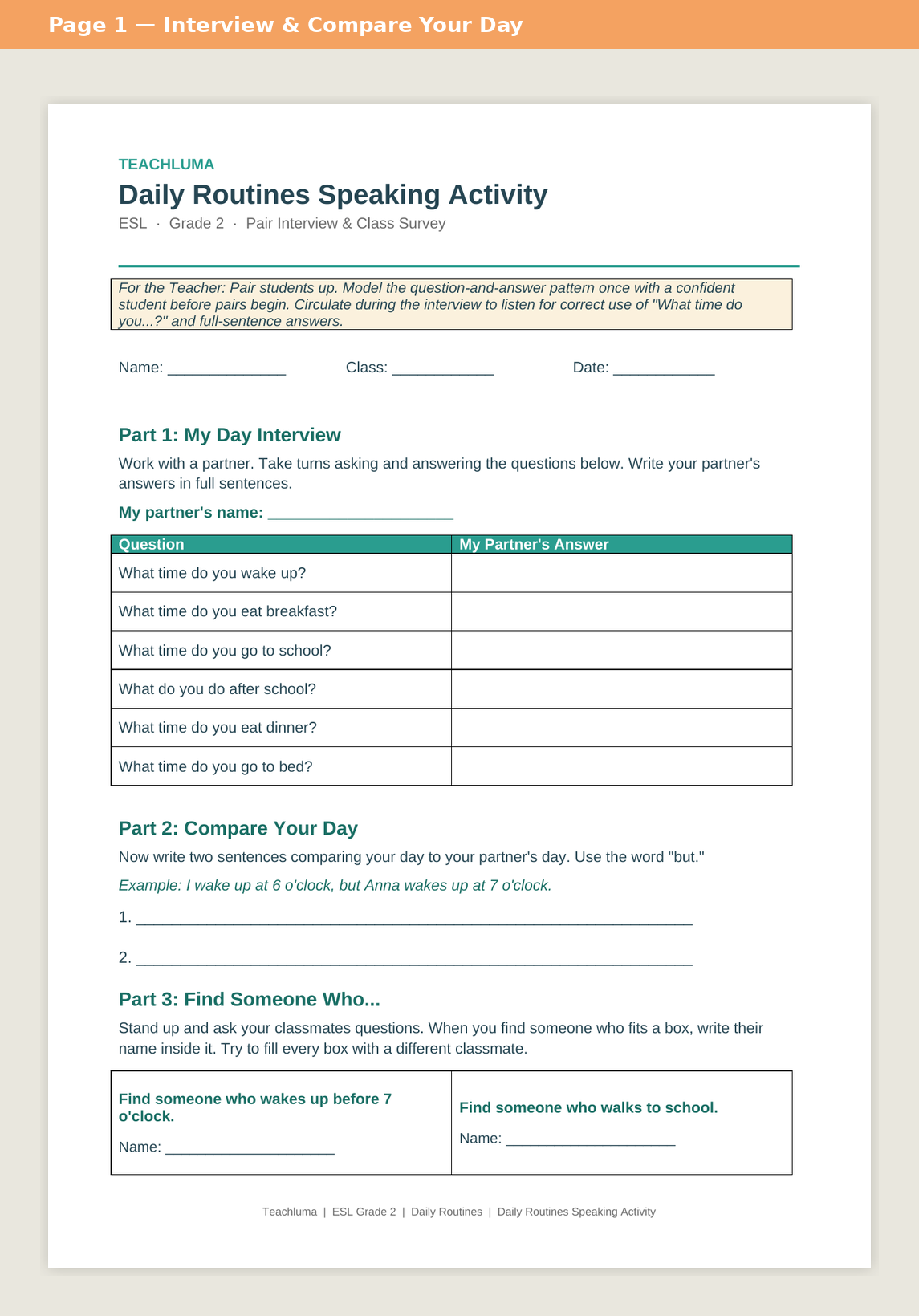 Grade 2 Daily Routines Speaking Activity: My Day Interview