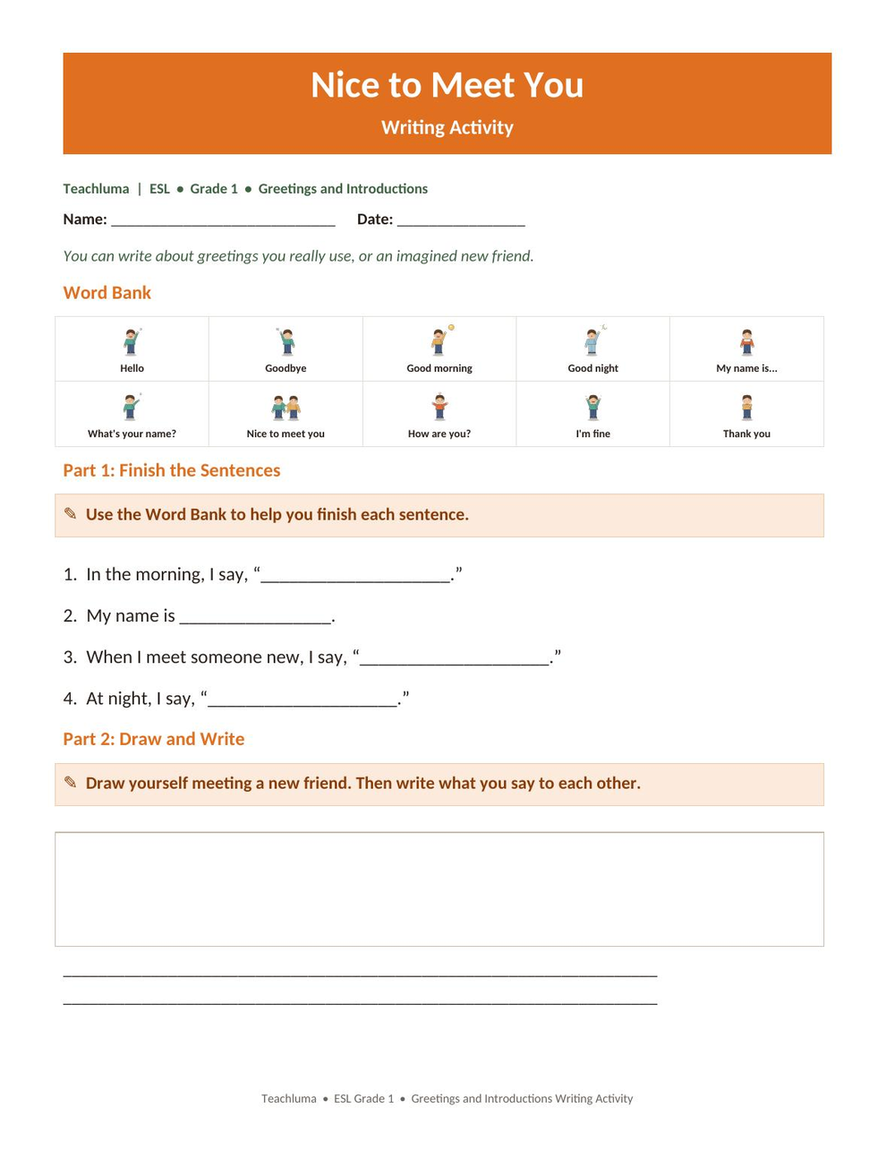 Nice to Meet You — Writing Activity