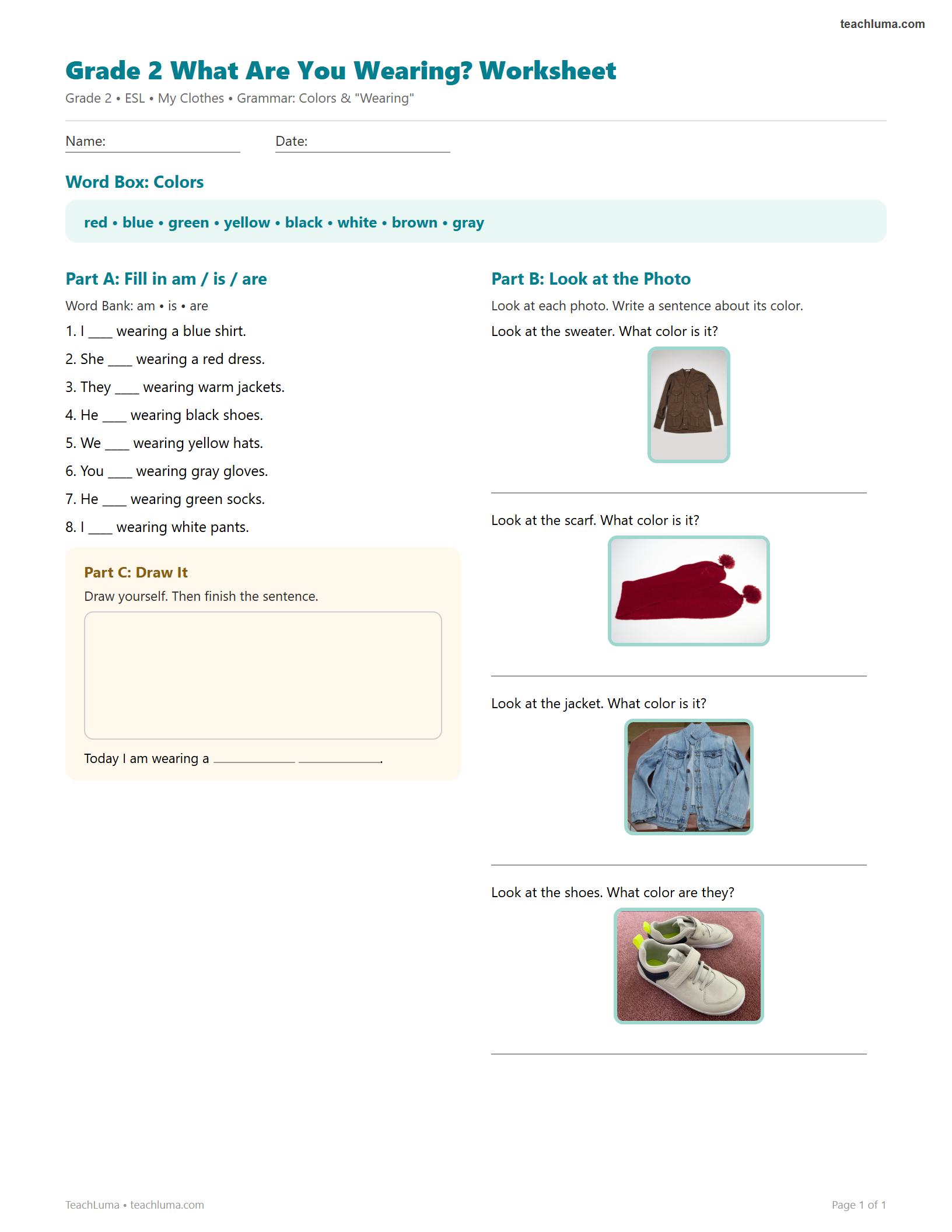 Preview of Grade 2 What Are You Wearing? Worksheet