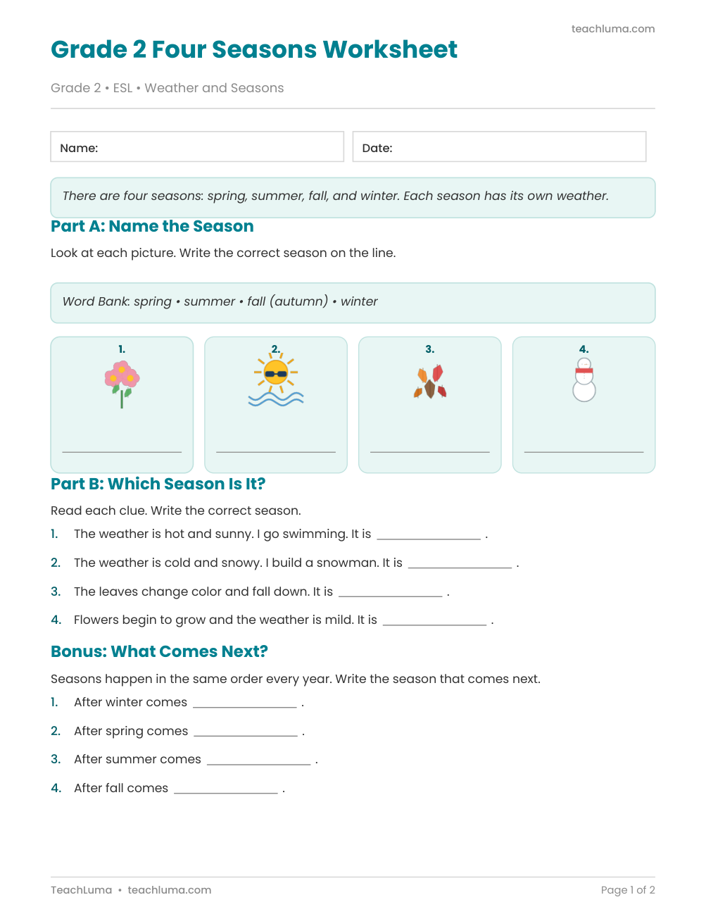 Preview of Grade 2 Four Seasons Worksheet (with Answer Key)