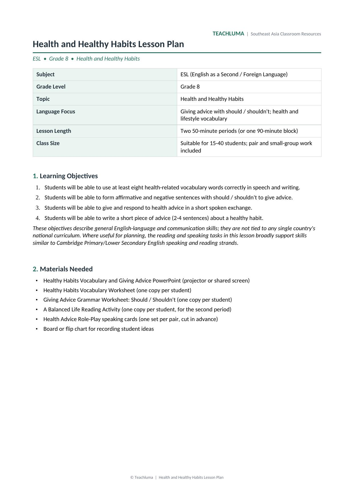 Health and Healthy Habits Lesson Plan