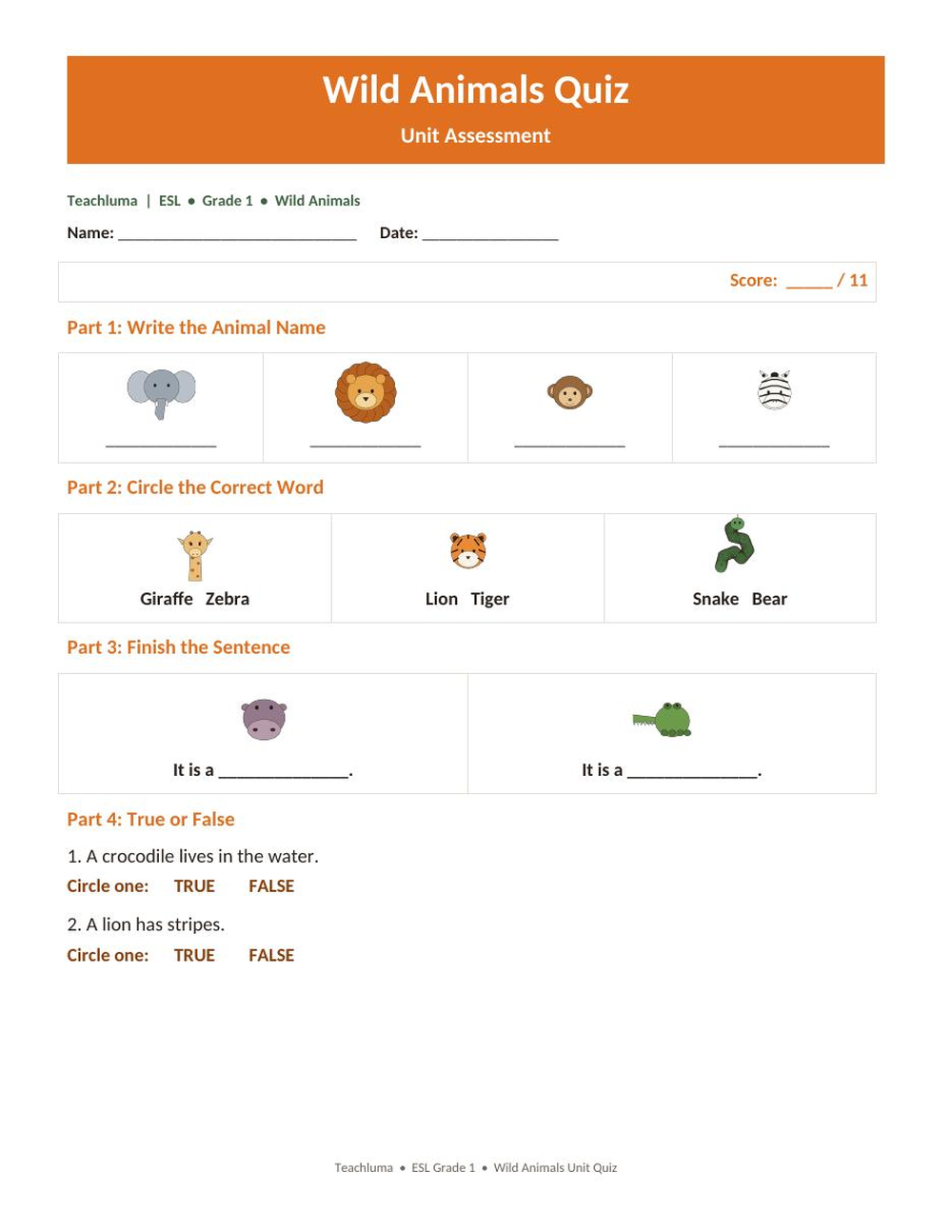 Wild Animals Quiz — Unit Assessment