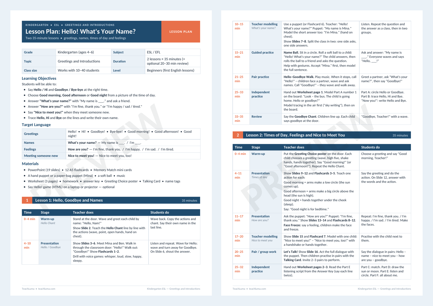 Preview of Kindergarten ESL Lesson Plan: Greetings and Introductions — Hello! What's Your Name?