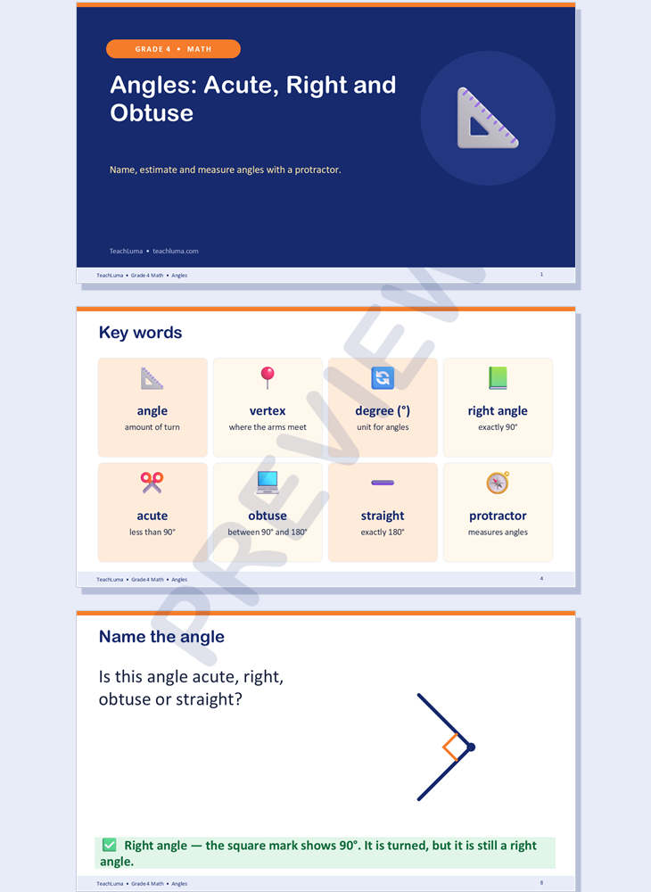 Preview of Grade 4 Math PowerPoint: Angles — Acute, Right, Obtuse and Measuring (17 Slides)