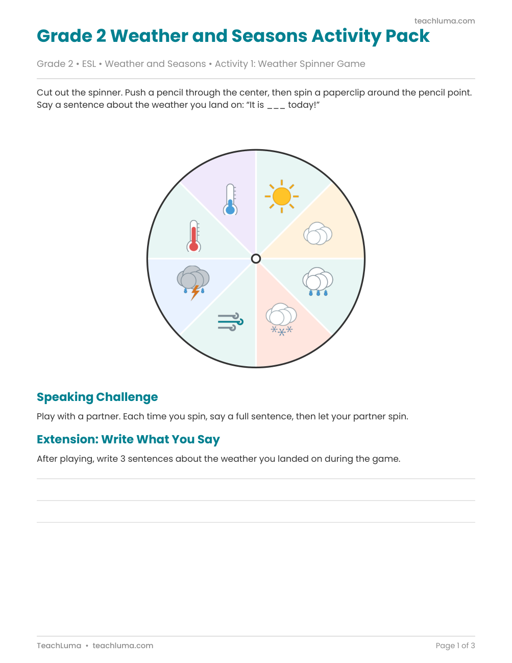 Preview of Grade 2 Weather and Seasons Activity Pack: Spinner, Bingo, and Riddle Cards