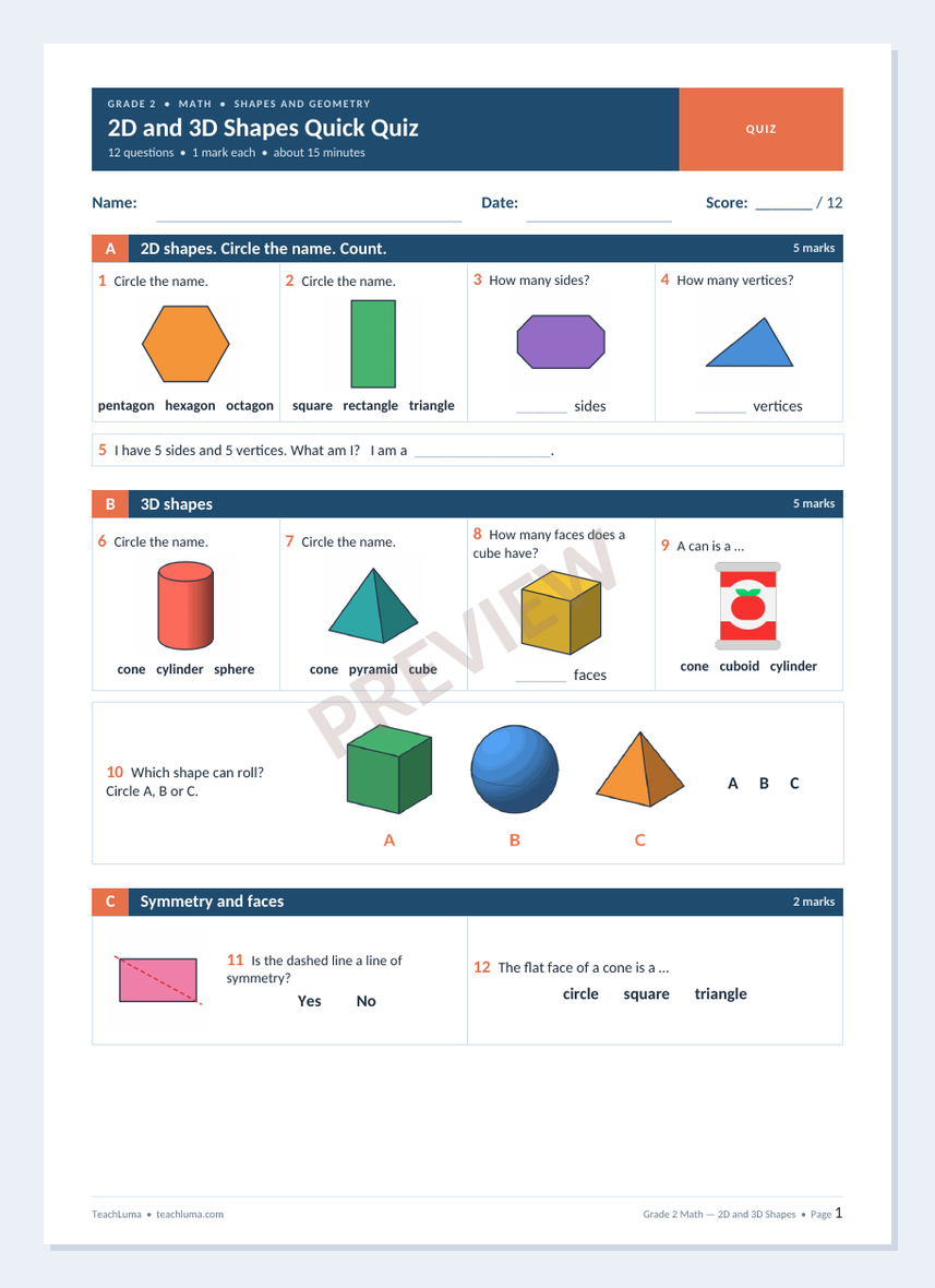 Preview of Grade 2 Math Quick Quiz: 2D and 3D Shapes (12 Marks)