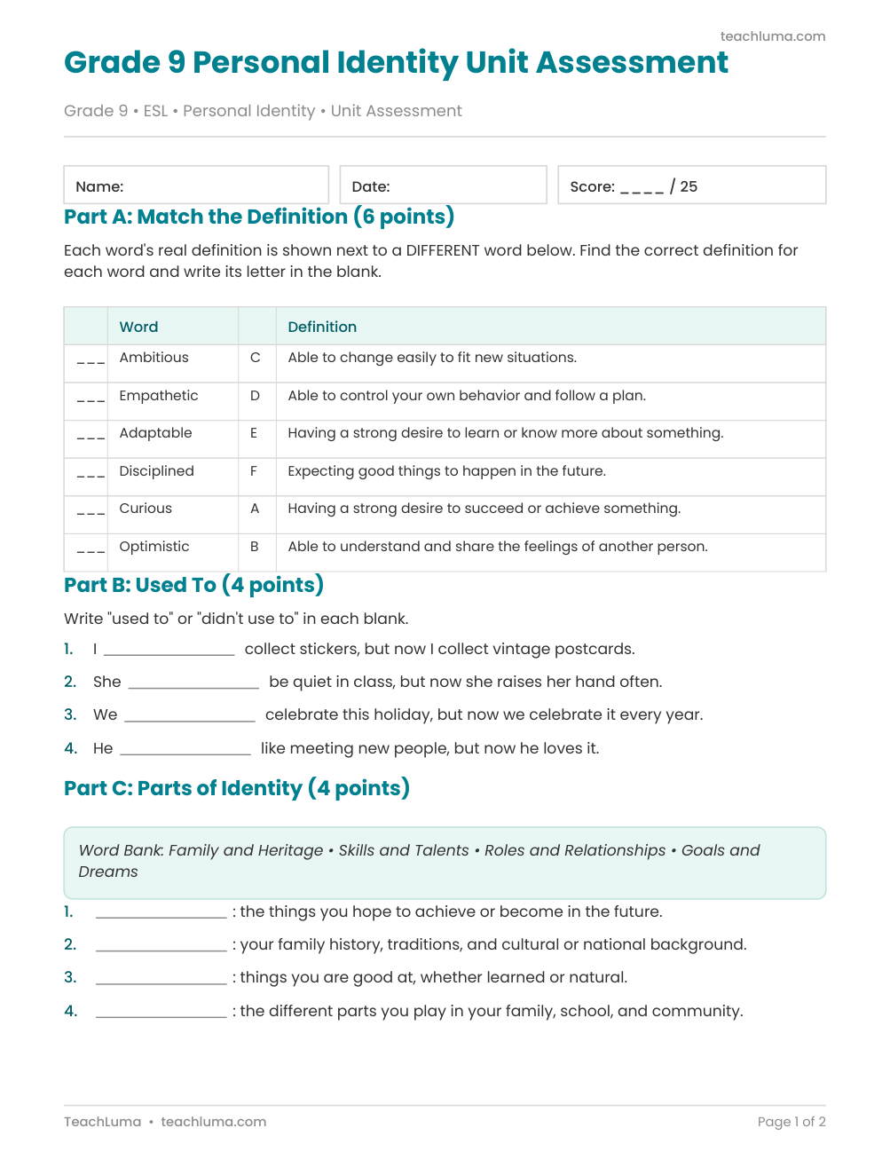 Preview of Grade 9 Personal Identity Unit Assessment (25 Points, with Answer Key)