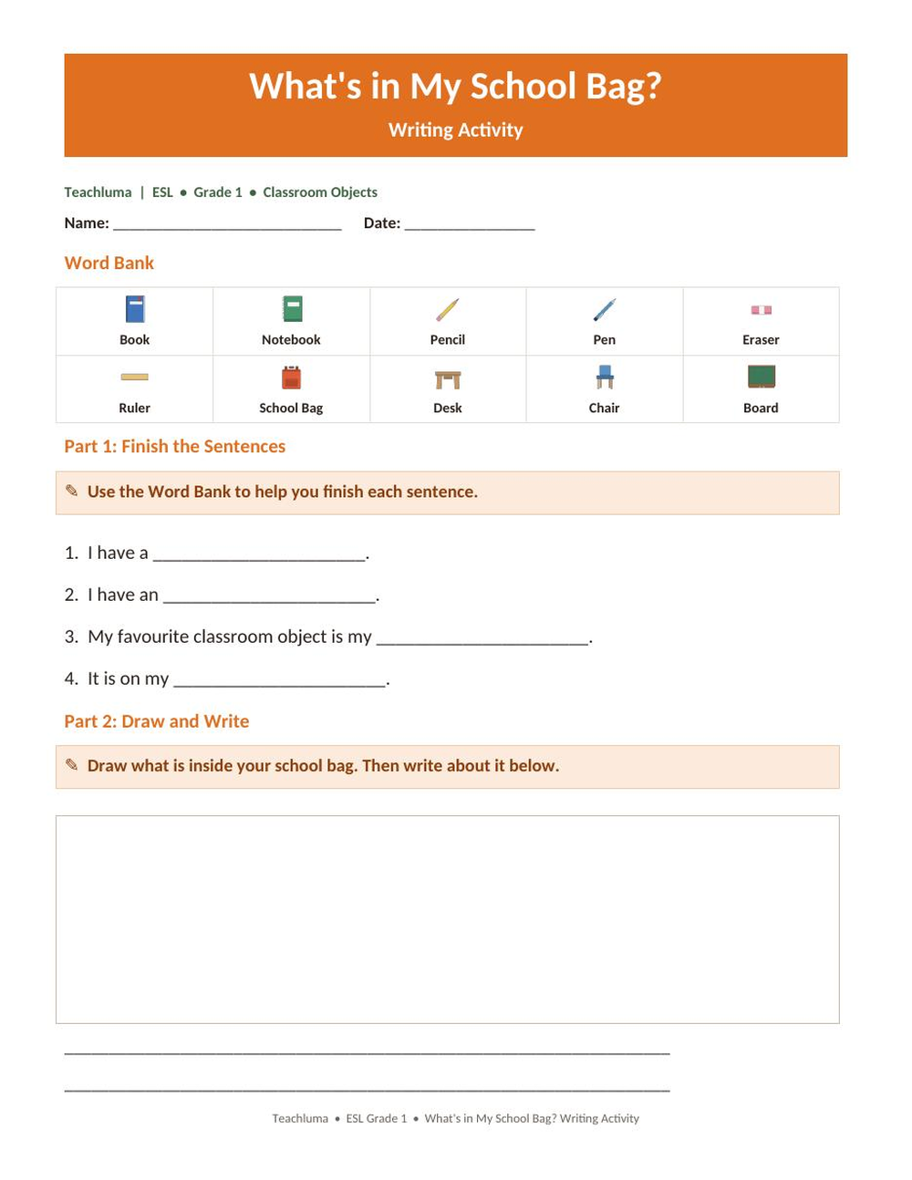 What's in My School Bag? — Writing Activity