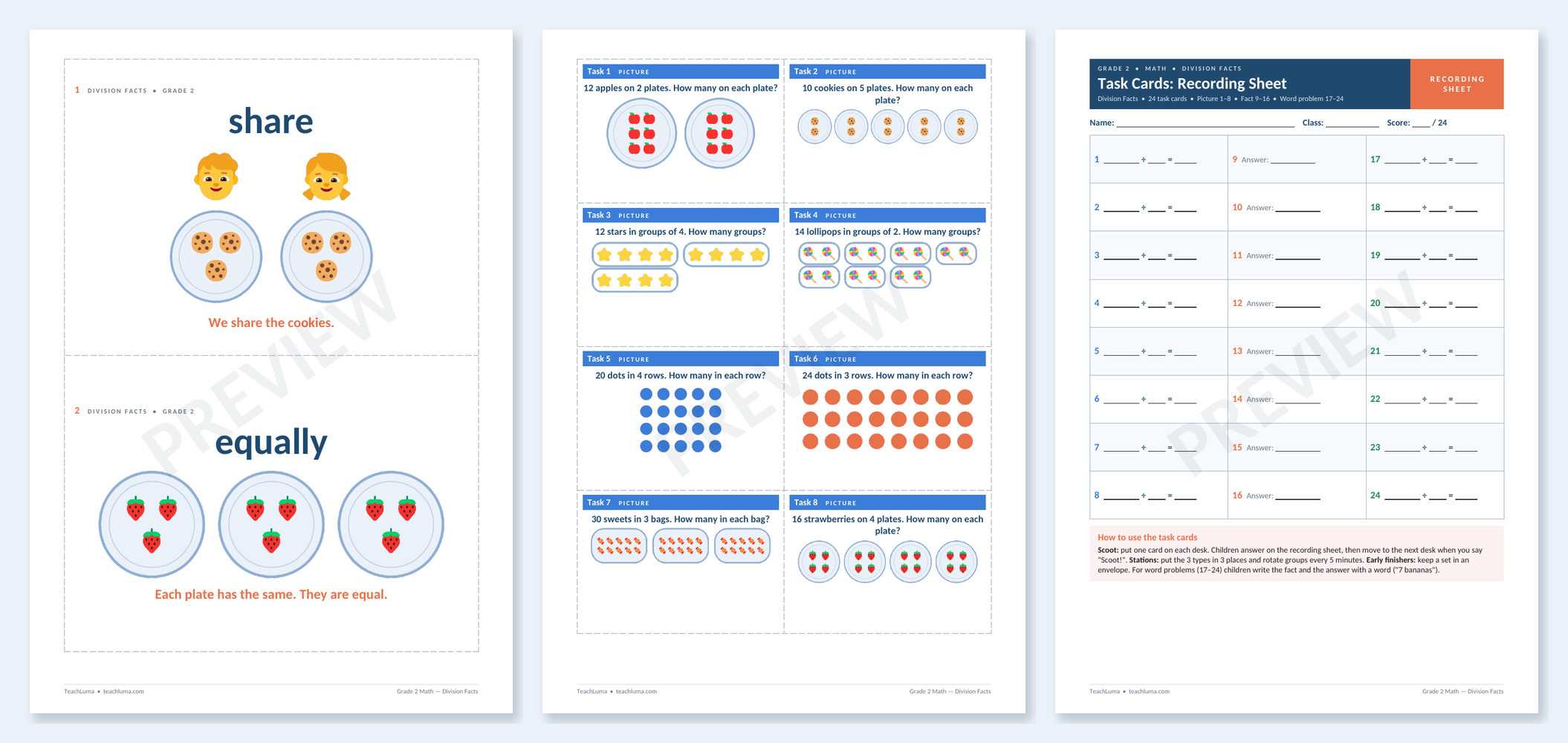 Preview of Grade 2 Math Flashcards: Division Vocabulary and 24 Task Cards