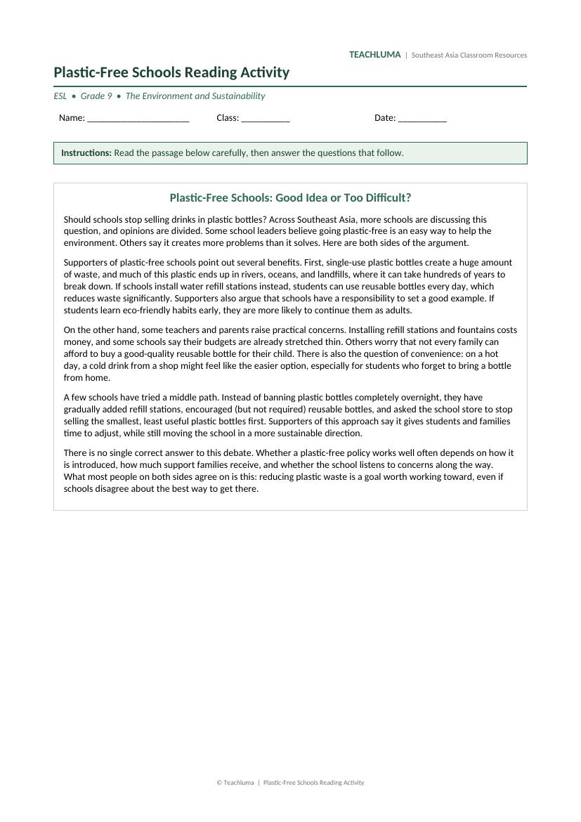 Grade 9 Plastic-Free Schools Reading Activity