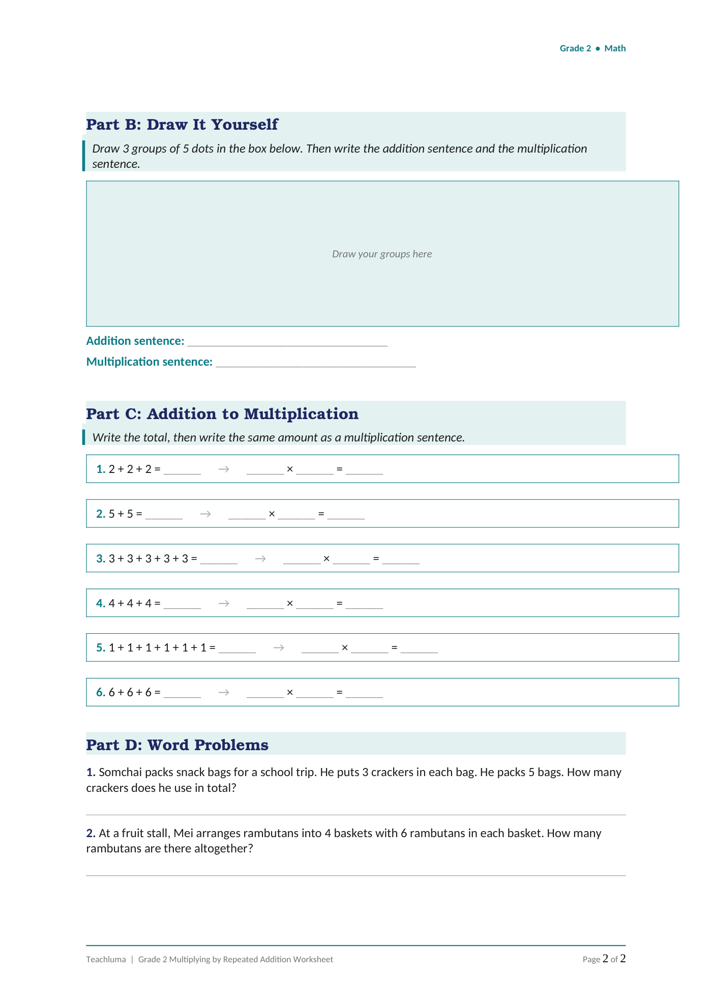 Grade 2 Multiplying by Repeated Addition Worksheet