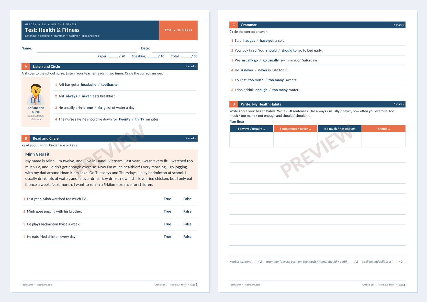Preview of Grade 6 ESL Test: Health & Fitness — Paper and Speaking Check (30 Marks)