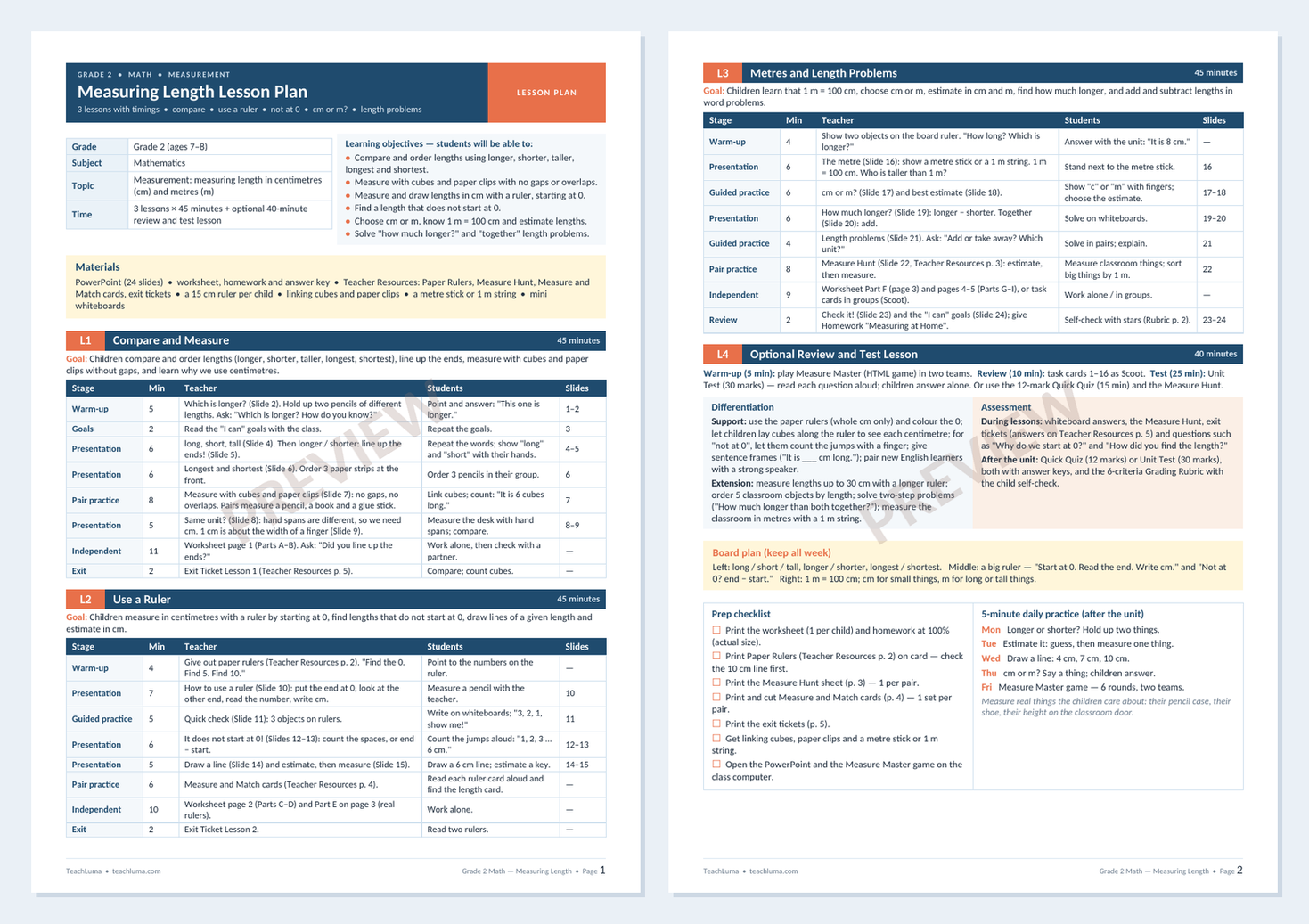 Preview of Grade 2 Math Lesson Plan: Measuring Length — 3 Lessons with Timings