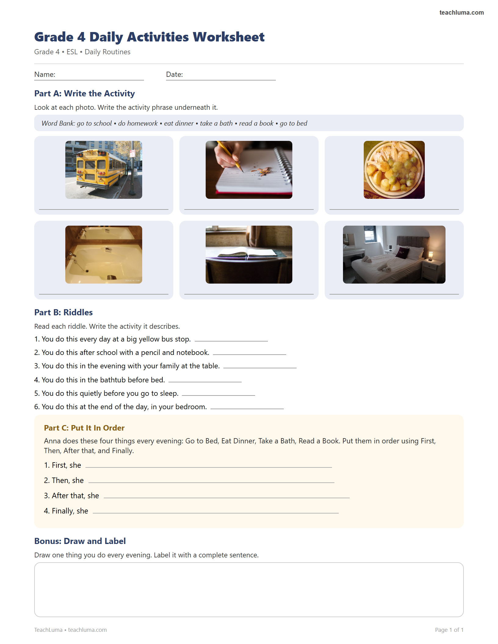 Preview of Grade 4 Daily Activities Worksheet