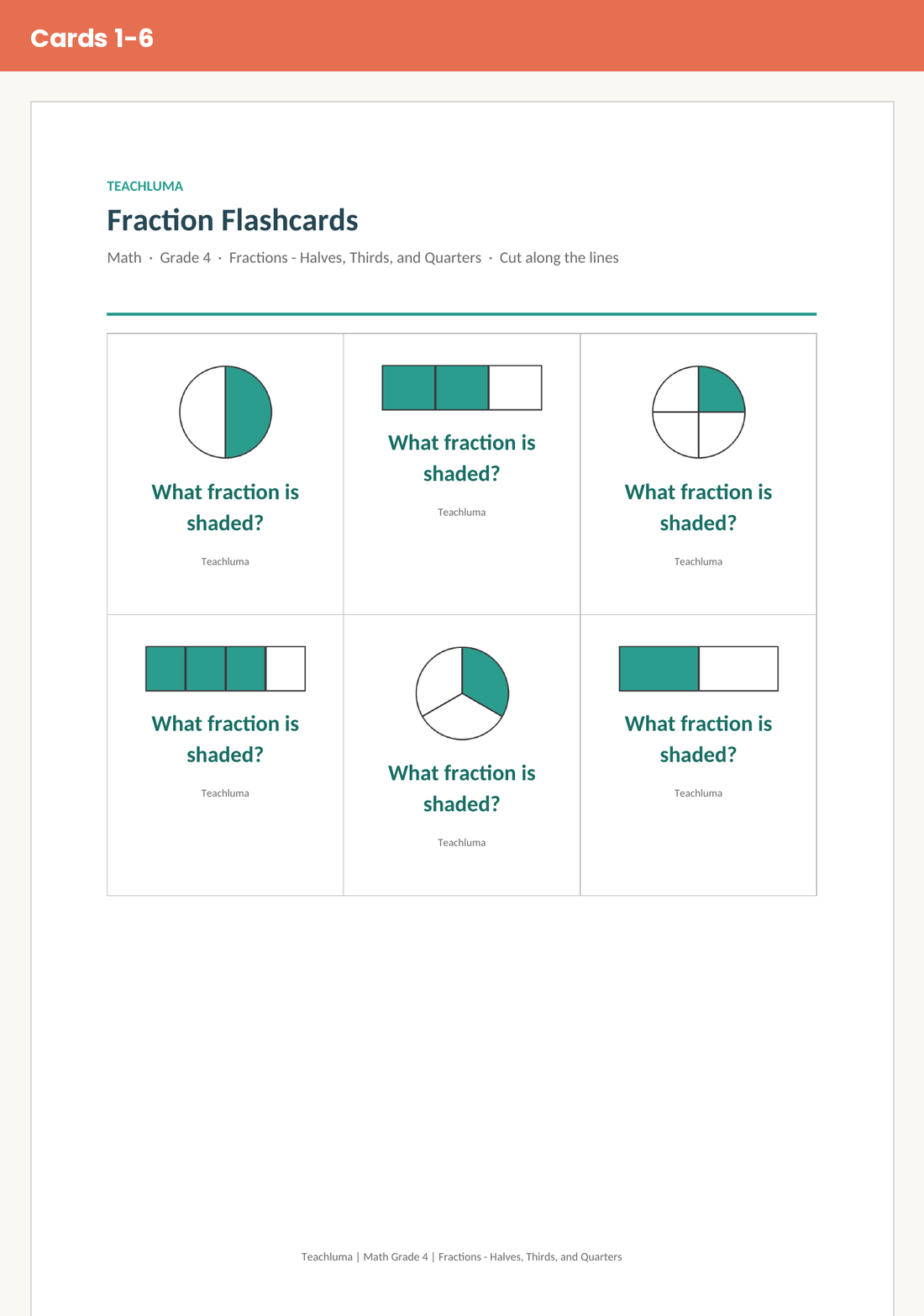 Grade 4 Fraction Flashcards: Halves, Thirds, and Quarters