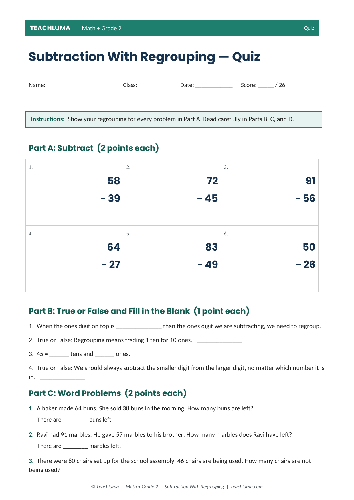 Subtraction With Regrouping Quiz