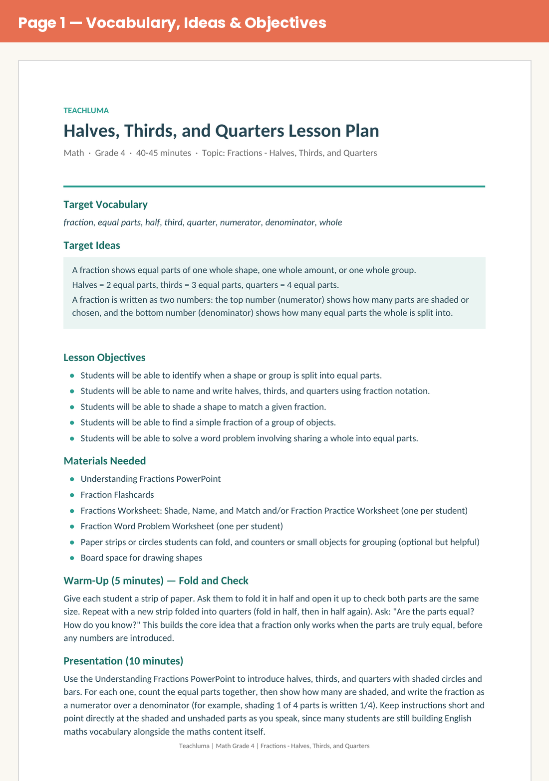 Grade 4 Halves, Thirds, and Quarters Lesson Plan