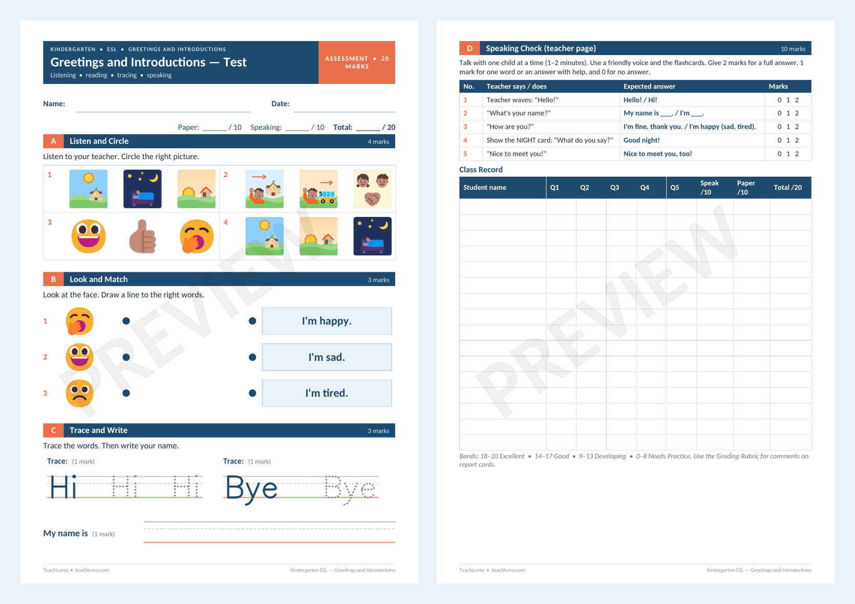 Preview of Kindergarten ESL Test: Greetings and Introductions — Paper and Speaking Check (20 Marks)
