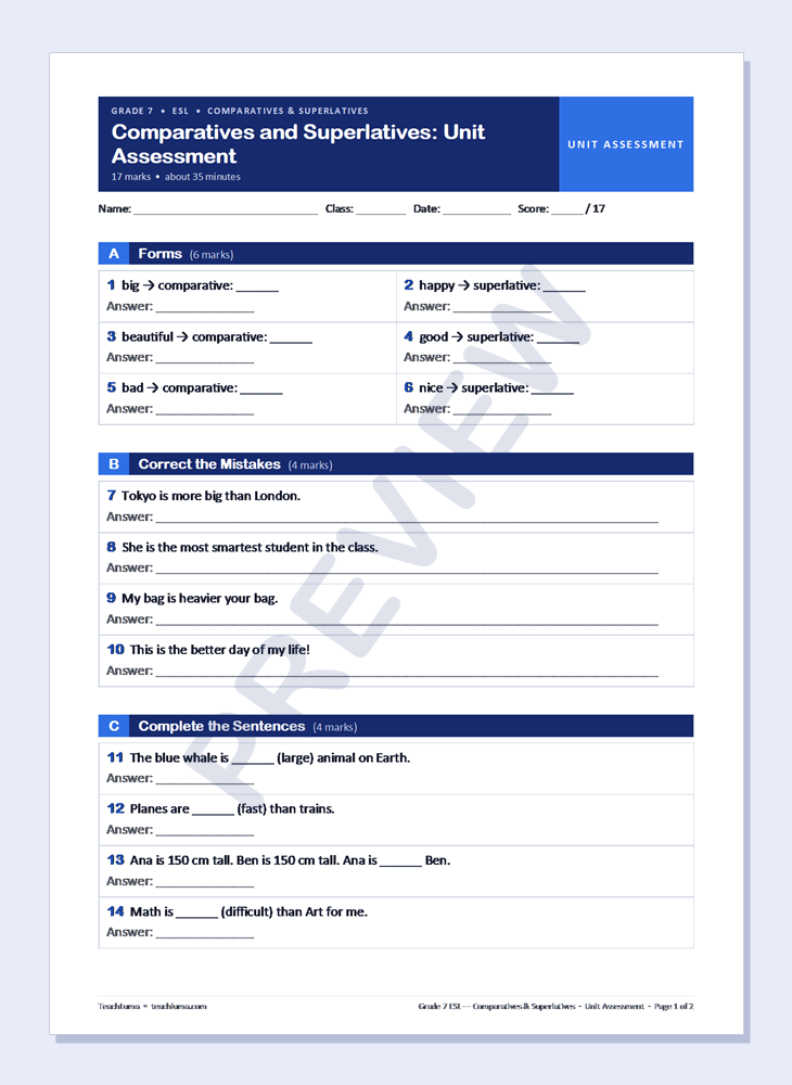 Preview of Grade 7 ESL Unit Assessment: Comparatives and Superlatives (17 Marks)