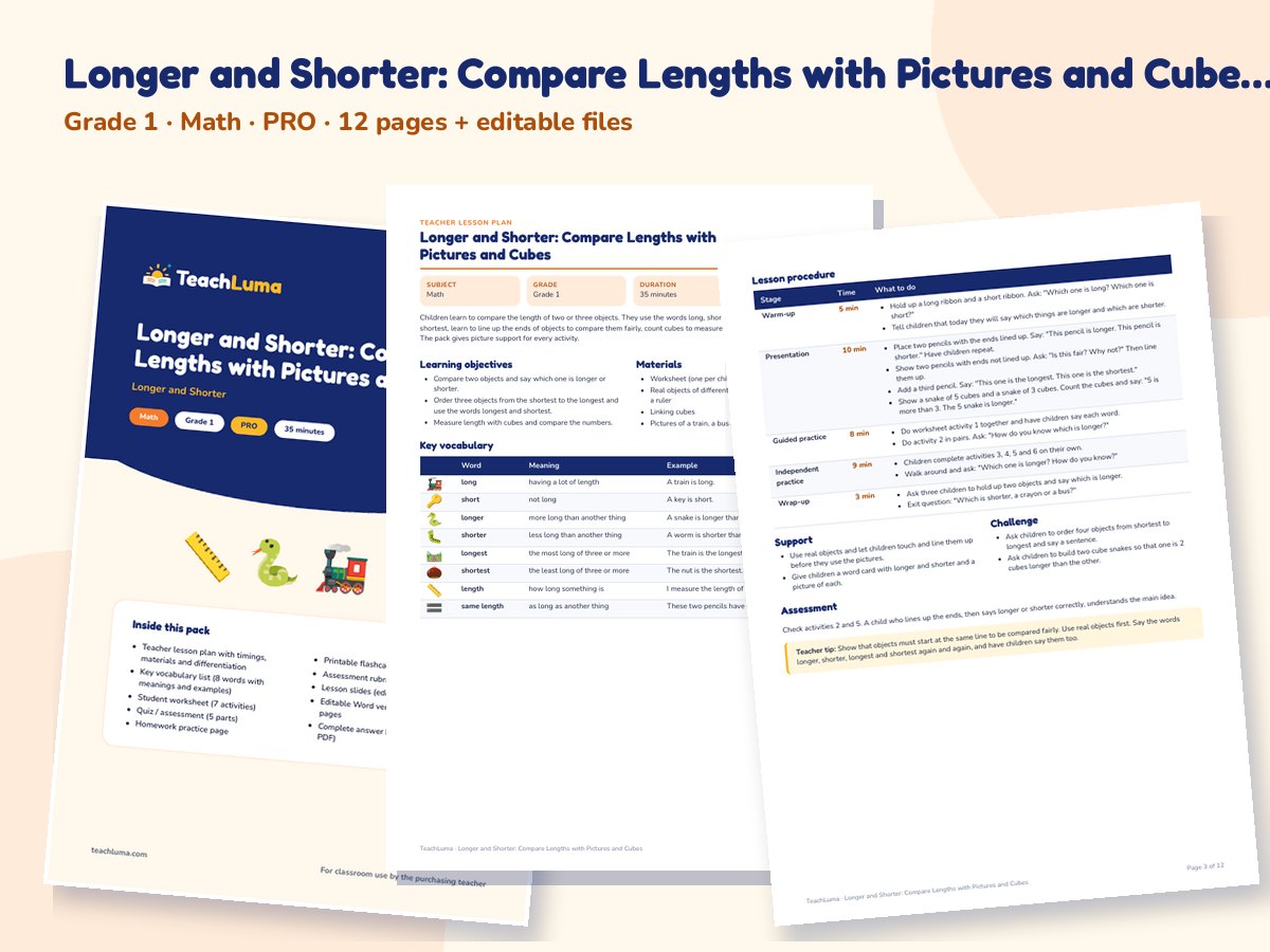 Preview of Longer and Shorter: Compare Lengths with Pictures and Cubes