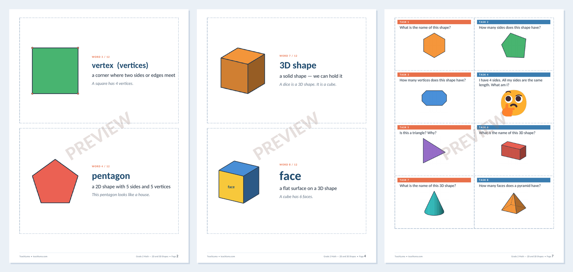 Preview of Grade 2 Math Flashcards and Task Cards: 2D and 3D Shapes