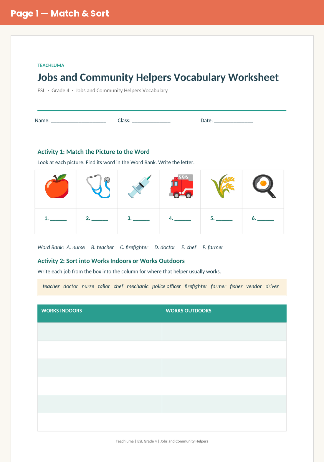 Grade 4 Jobs and Community Helpers Vocabulary Worksheet