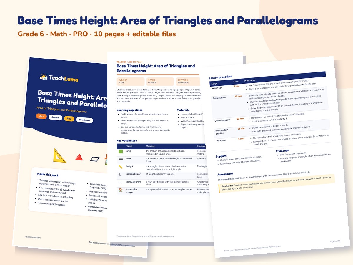 Preview of Base Times Height: Area of Triangles and Parallelograms