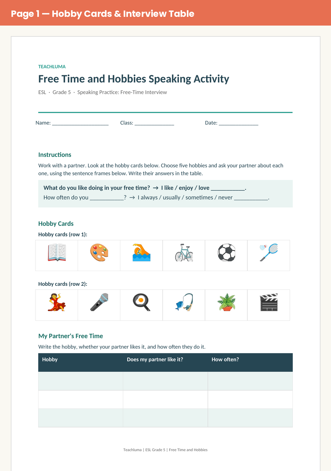 Grade 5 Free Time and Hobbies Speaking Activity: Free-Time Interview