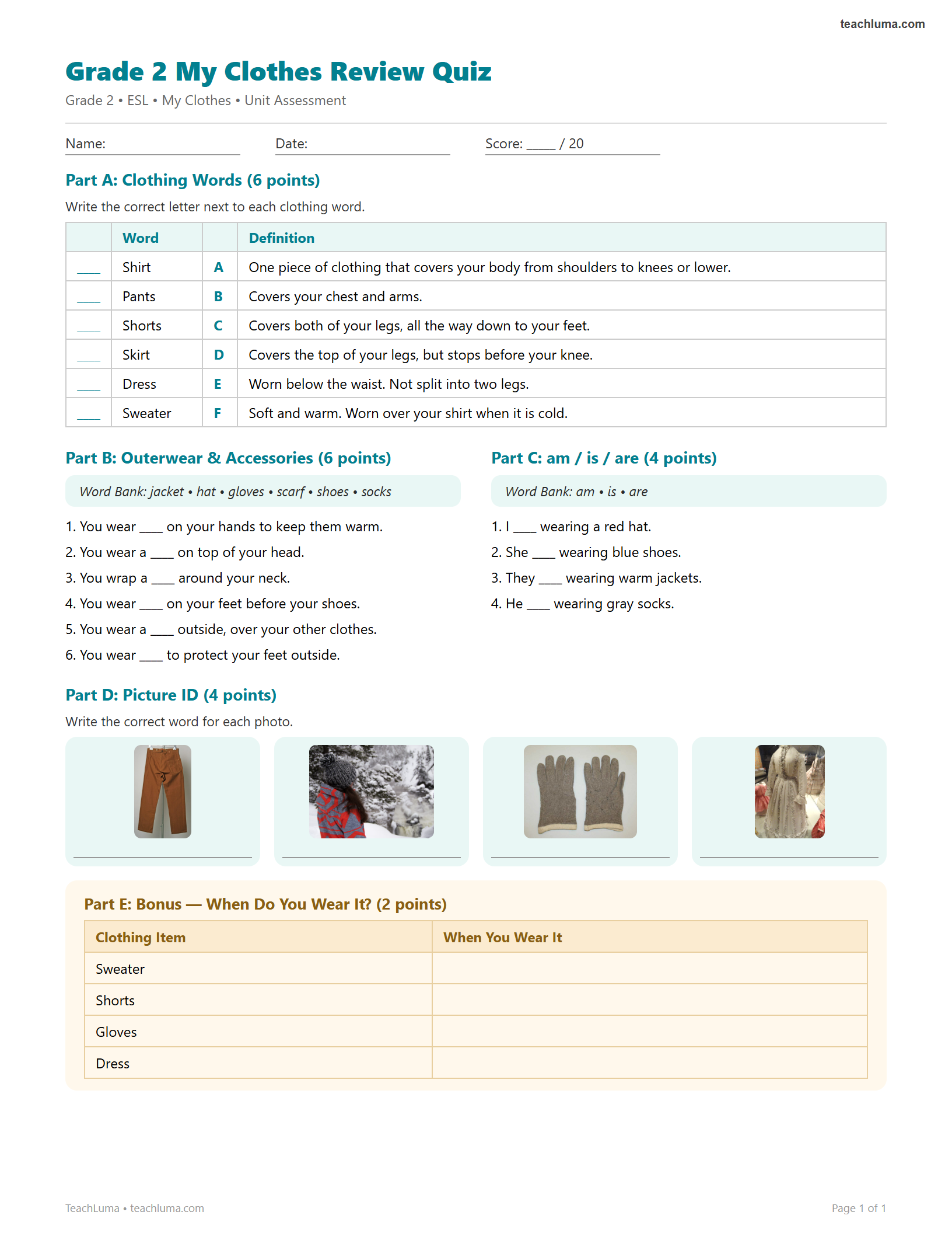 Preview of Grade 2 My Clothes Review Quiz