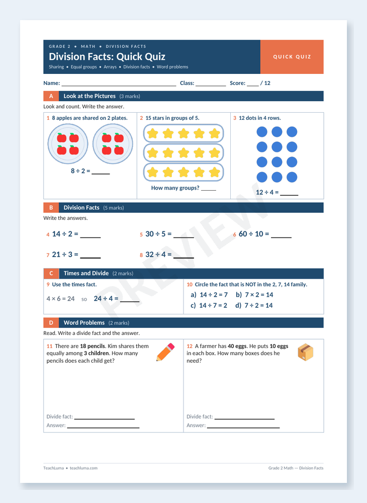 Preview of Grade 2 Math Quick Quiz: Division Facts (12 Marks)